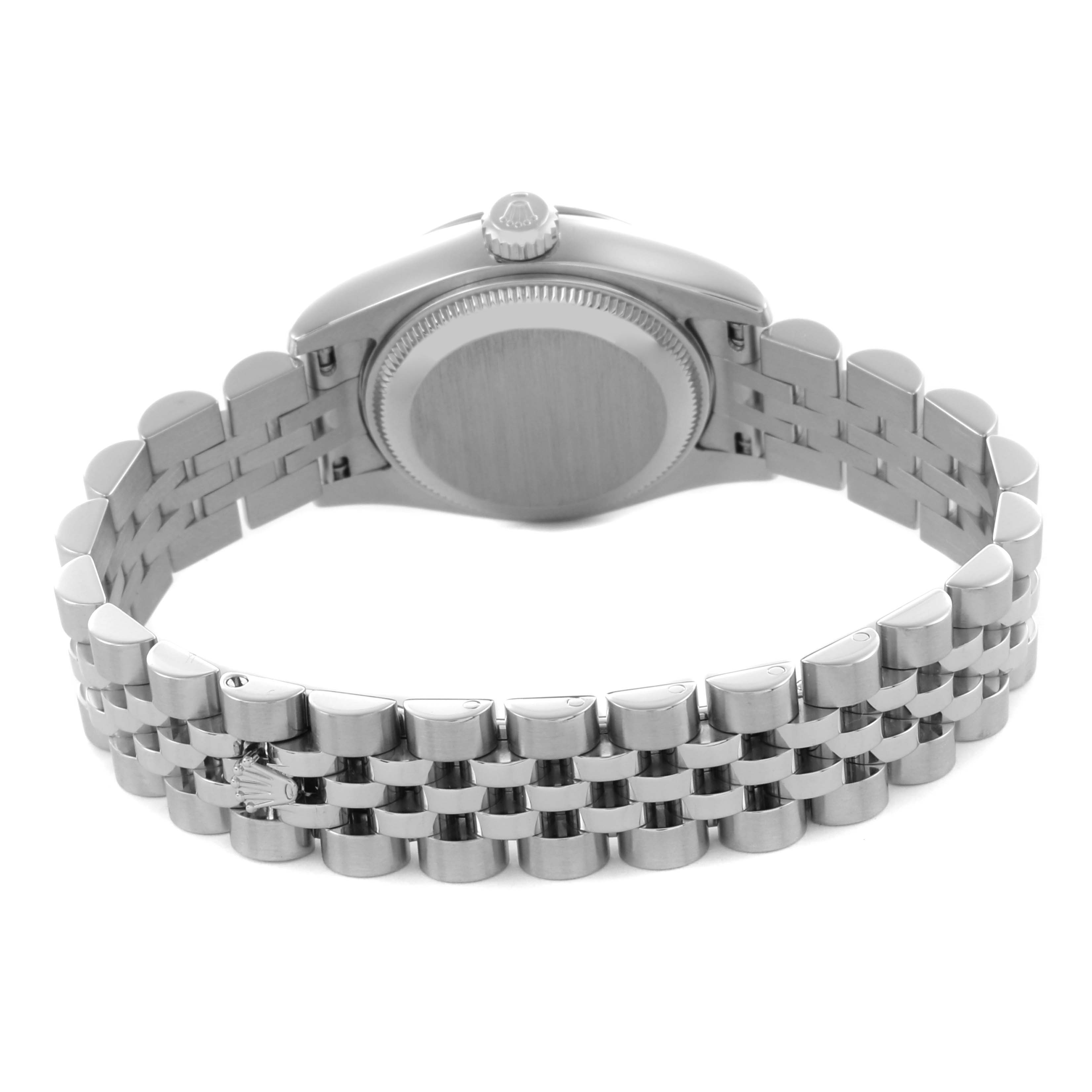 The image shows the back of a Rolex Datejust 179174 Women's Stainless Steel Mother of Pearl Dial 179174 Women's Stainless Steel Mother of Pearl Dial watch, focusing on the case back and Jubilee bracelet.