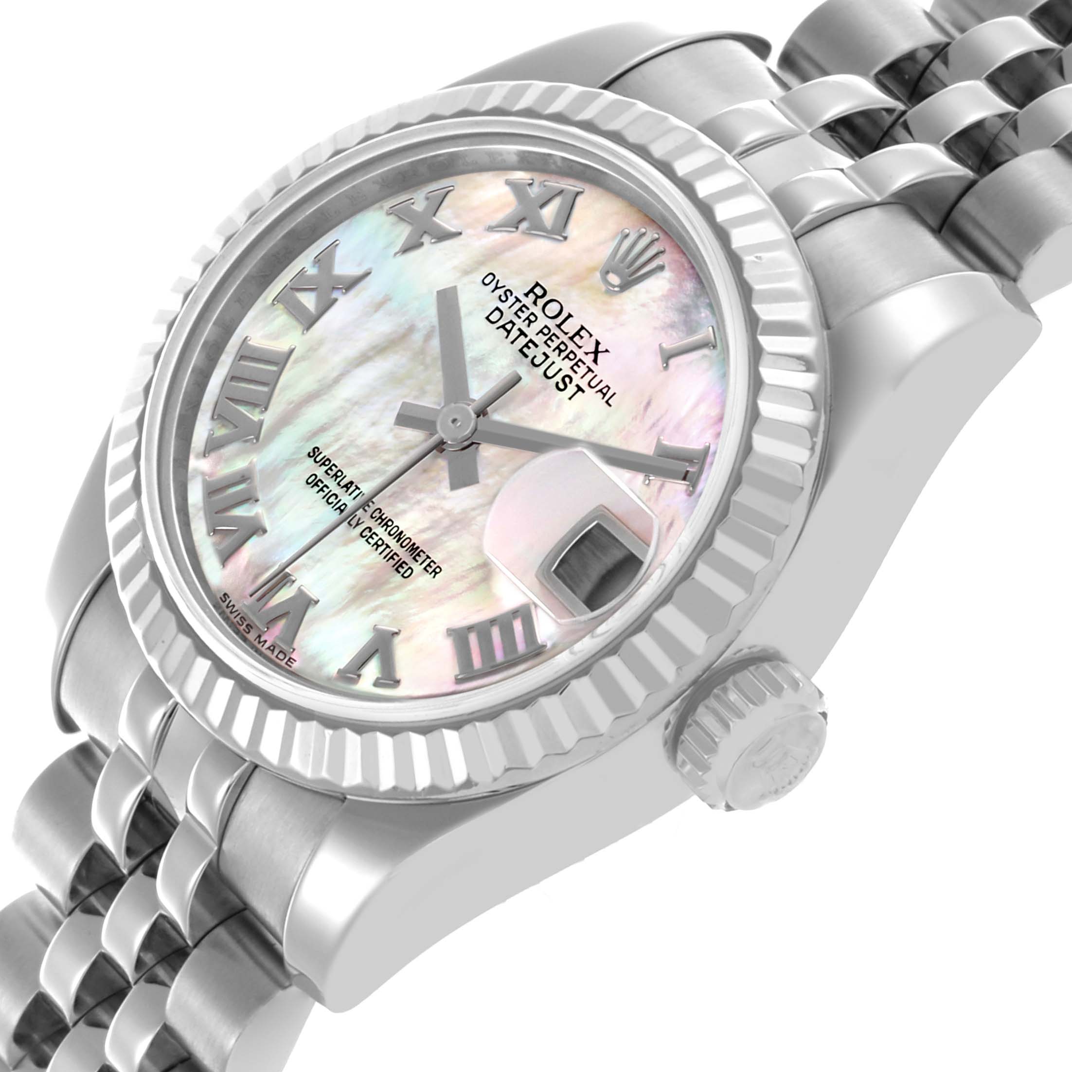 The image shows a Rolex Datejust 179174 Women's Stainless Steel Mother of Pearl Dial 179174 Women's Stainless Steel Mother of Pearl Dial watch at an angled side view, highlighting the dial, bezel, crown, and bracelet.