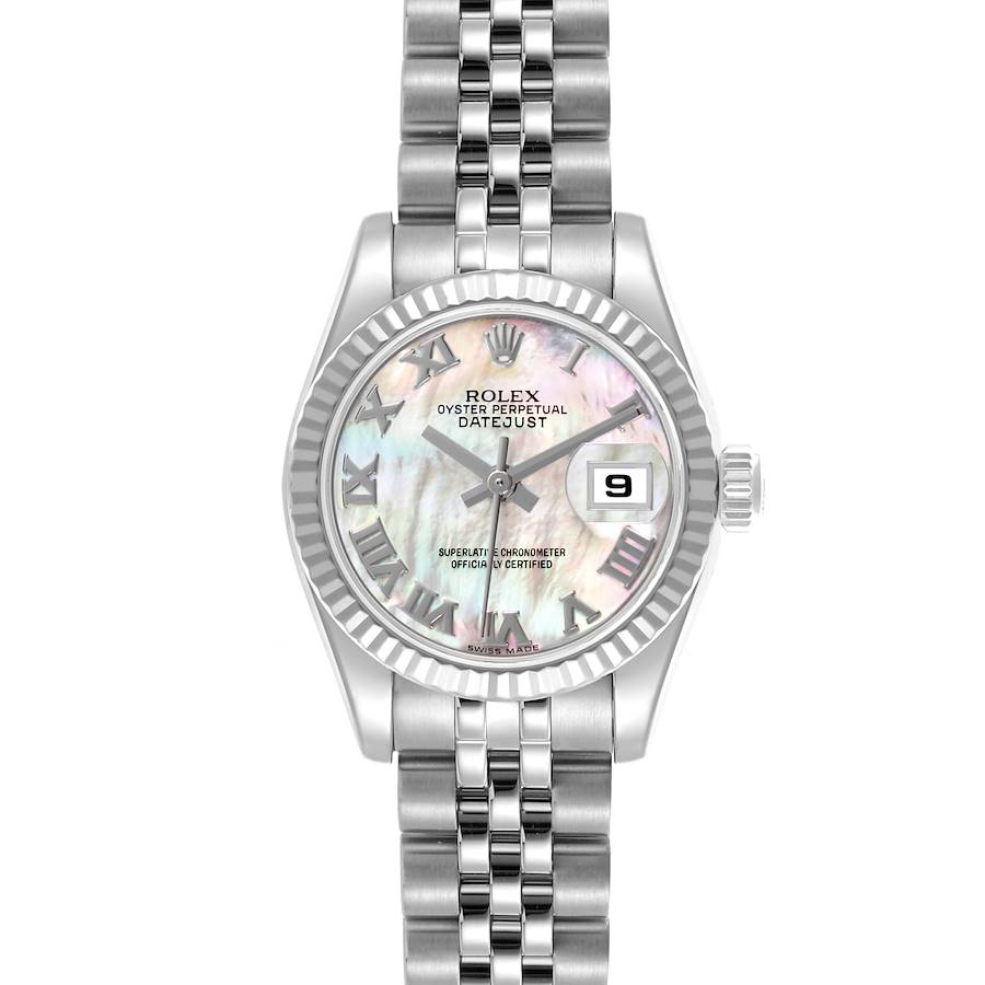 The Rolex Datejust watch is shown from the front, displaying its dial, bezel, and bracelet.