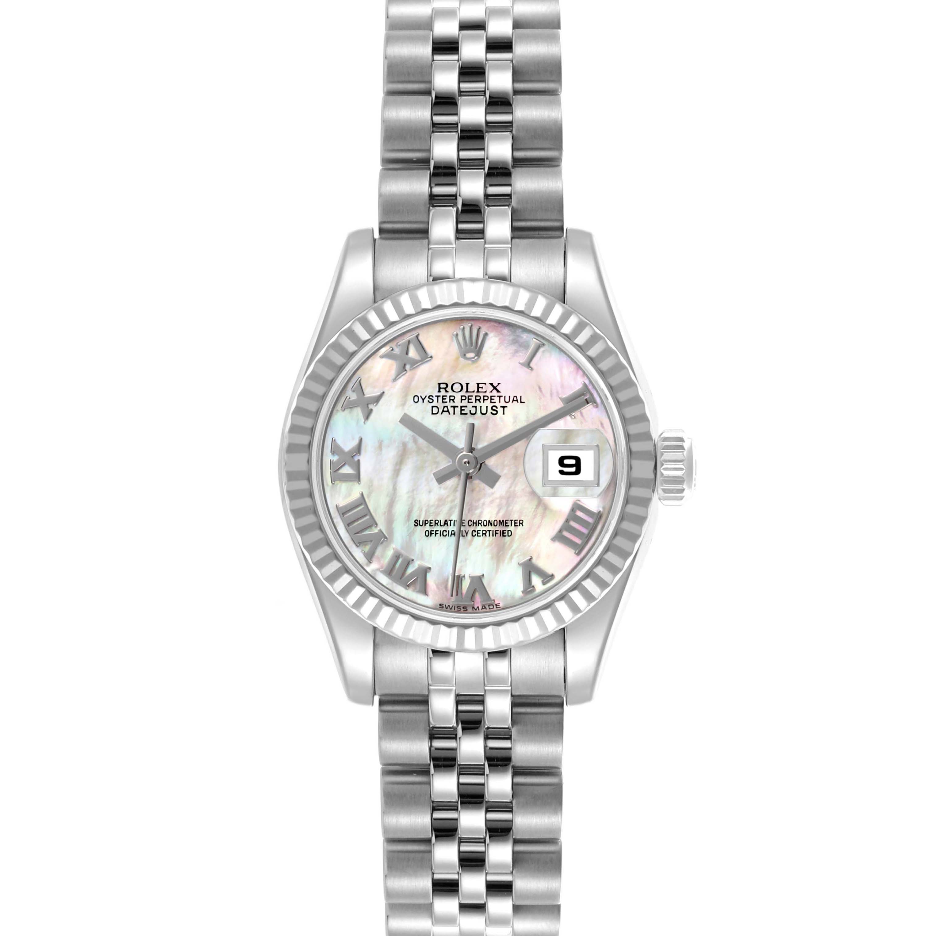 The Rolex Datejust 179174 Women's Stainless Steel Mother of Pearl Dial 179174 Women's Stainless Steel Mother of Pearl Dial watch is shown from a front angle, highlighting the dial, bezel, and bracelet.