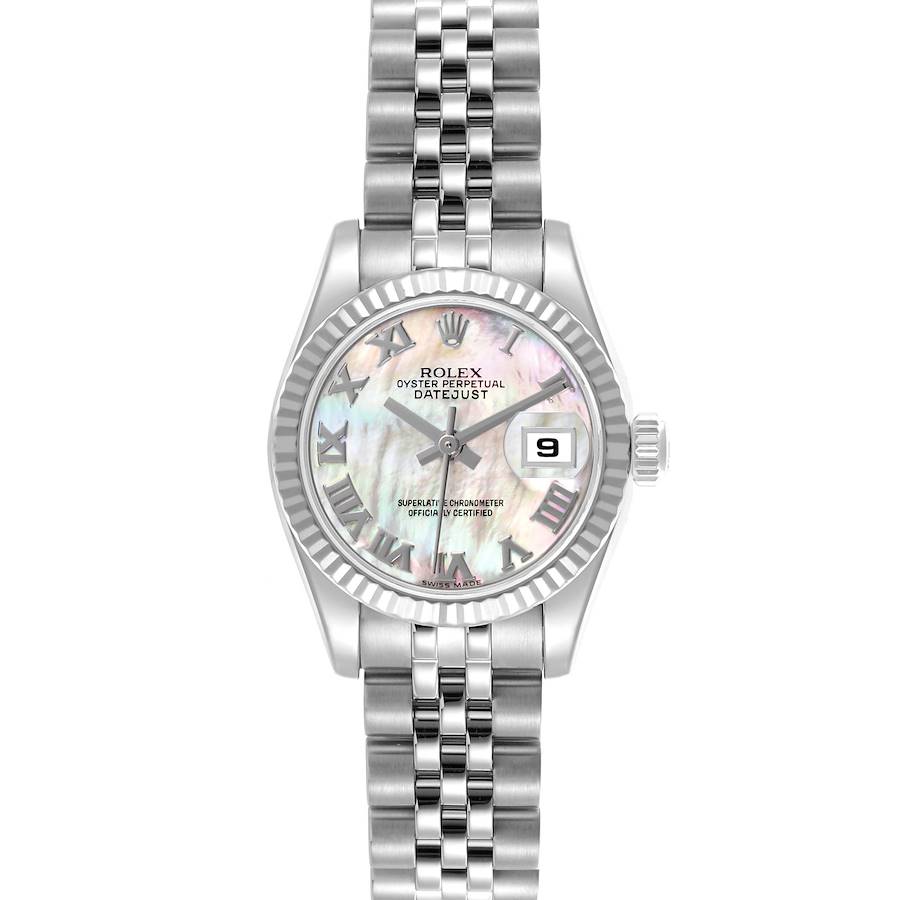 The Rolex Datejust watch is shown from a front angle, highlighting the dial, bezel, and bracelet.