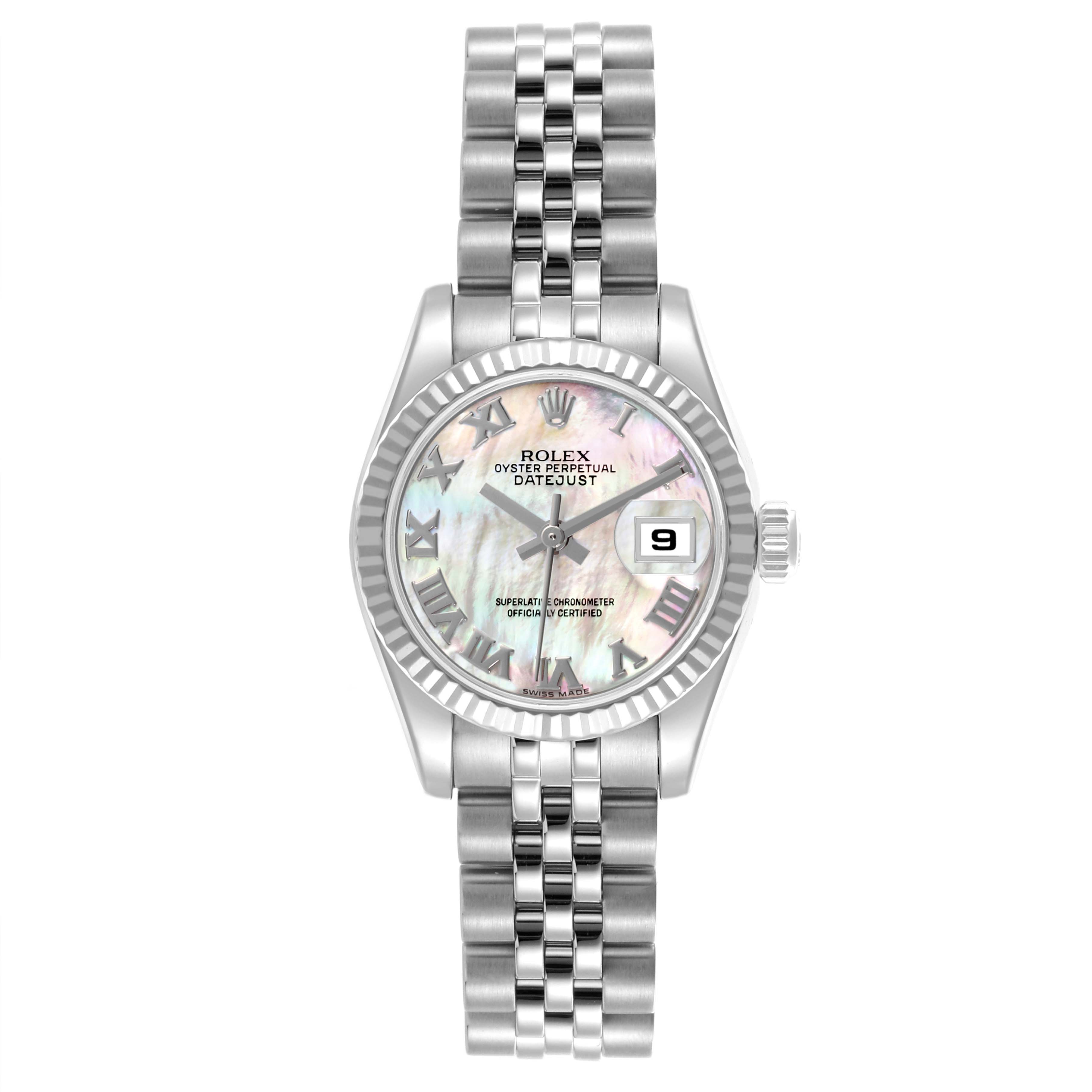 The Rolex Datejust 179174 Women's Stainless Steel Mother of Pearl Dial 179174 Women's Stainless Steel Mother of Pearl Dial watch is shown from a top view, highlighting its dial, bezel, and bracelet.