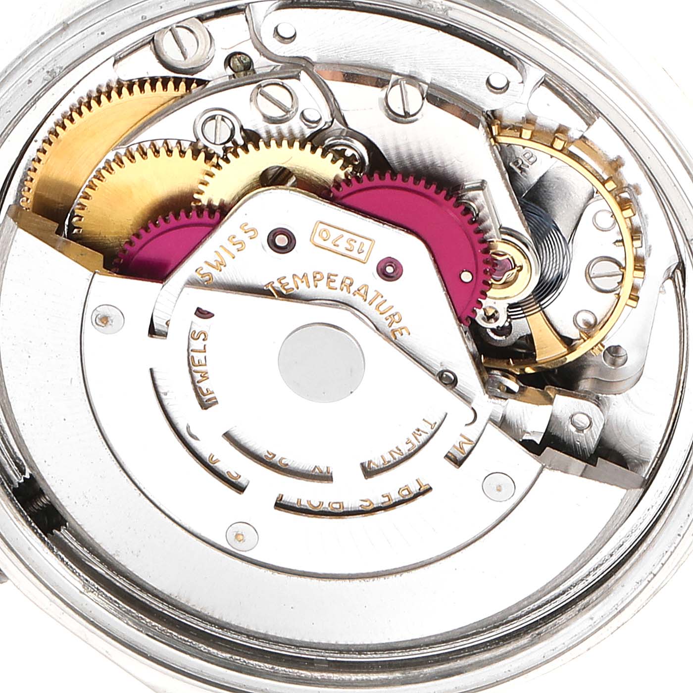 This image shows the intricate internal mechanism of a Rolex Vintage Collection 1601 Men
s Stainless Steel Silver Dial 1601 Men
s Stainless Steel Silver Dial model from a close-up angle.