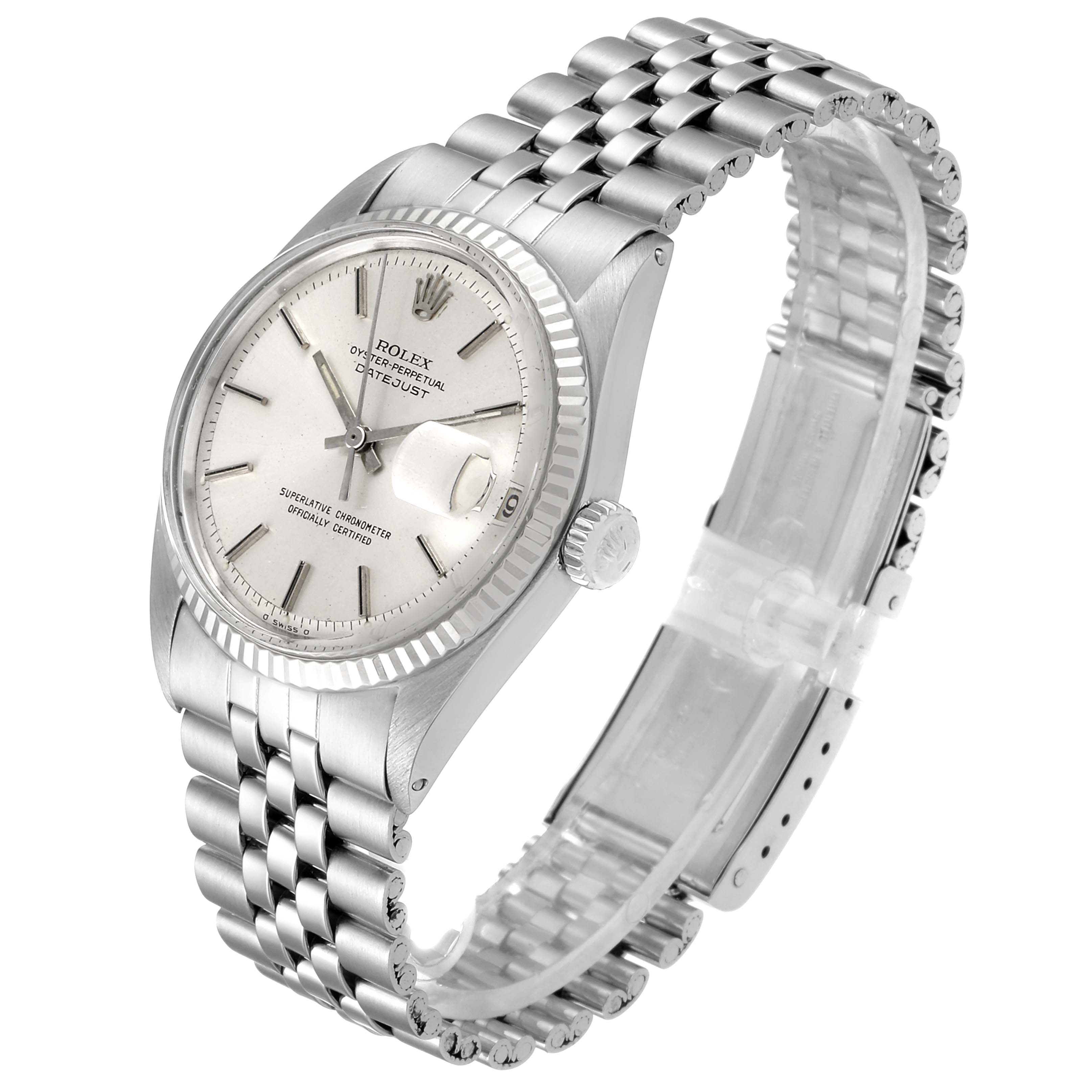 The Rolex Vintage Collection 1601 Men
s Stainless Steel Silver Dial 1601 Men
s Stainless Steel Silver Dial model watch is shown from an angled top view, displaying the face, crown, and jubilee bracelet.