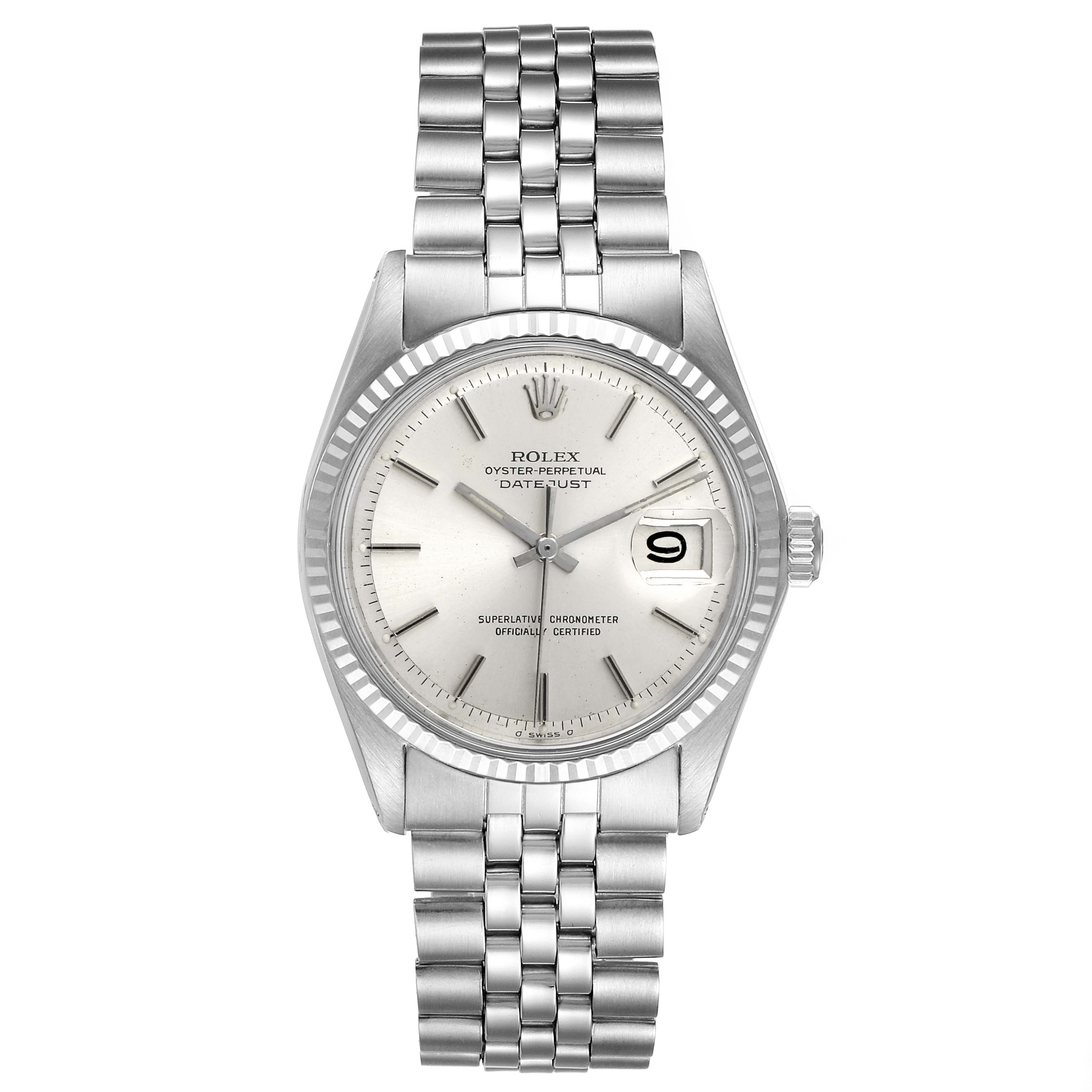 This image shows a front view of the Rolex Vintage Collection 1601 Men
s Stainless Steel Silver Dial 1601 Men
s Stainless Steel Silver Dial model watch, highlighting the face, bezel, and metal bracelet.