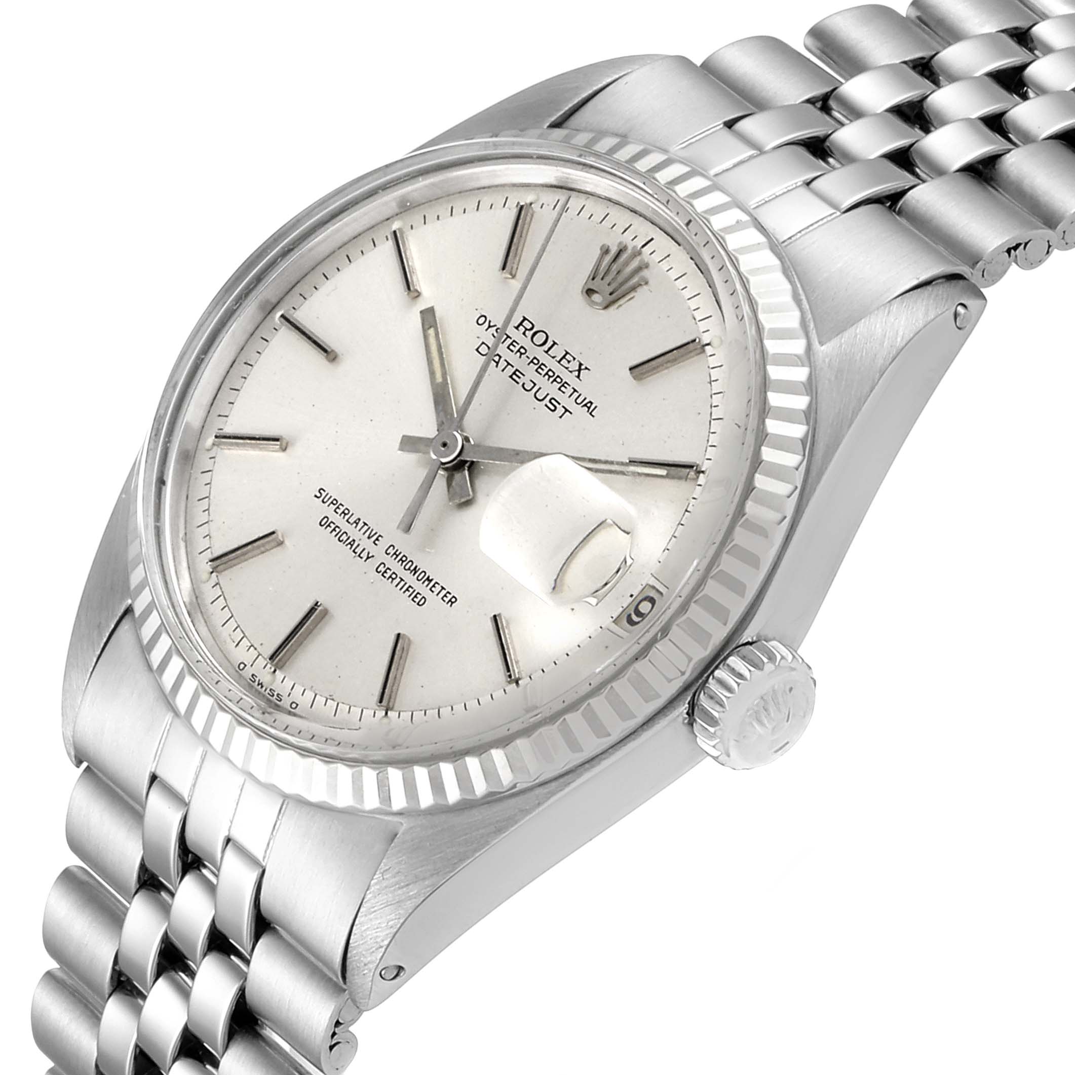 The Vintage Collection Rolex watch is shown at an angle highlighting its dial, crown, bracelet, and date magnifier.