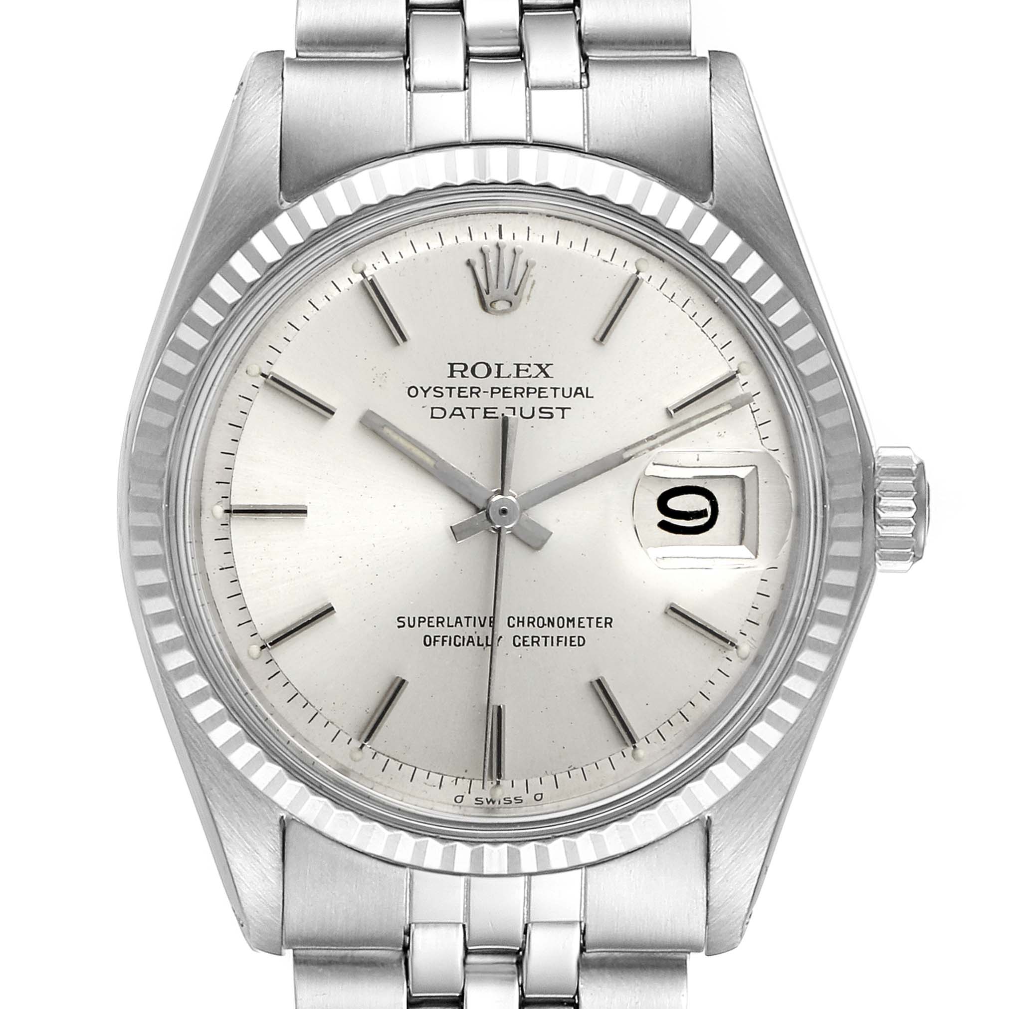 The image shows a frontal view of the Rolex Vintage Collection 1601 Men
s Stainless Steel Silver Dial 1601 Men
s Stainless Steel Silver Dial model Datejust, displaying the dial, crown, and bracelet.