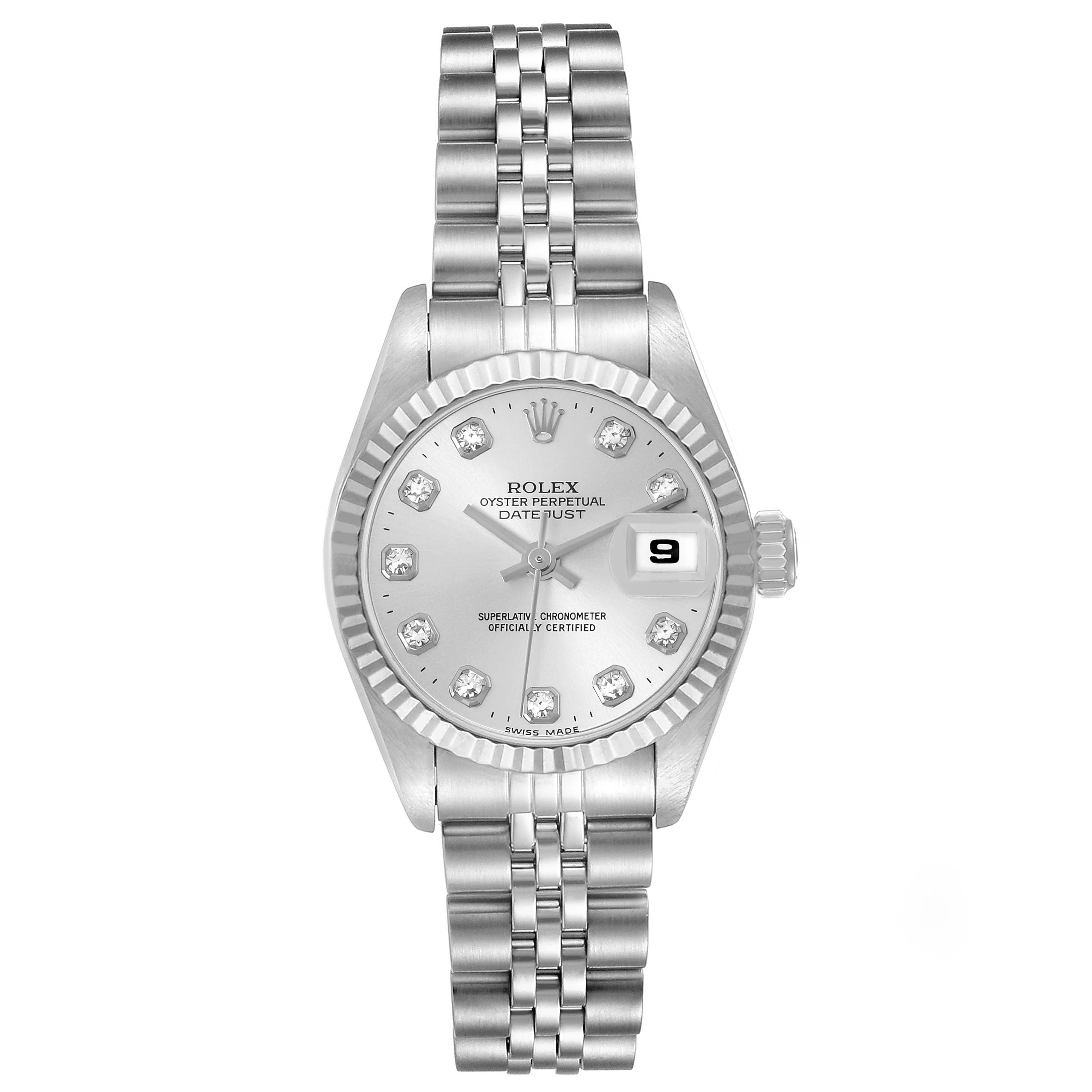 The Rolex Datejust 69174 Women's Stainless Steel Silver Dial 69174 Women's Stainless Steel Silver Dial watch is shown from a top-down angle, featuring its dial, fluted bezel, and Jubilee bracelet.