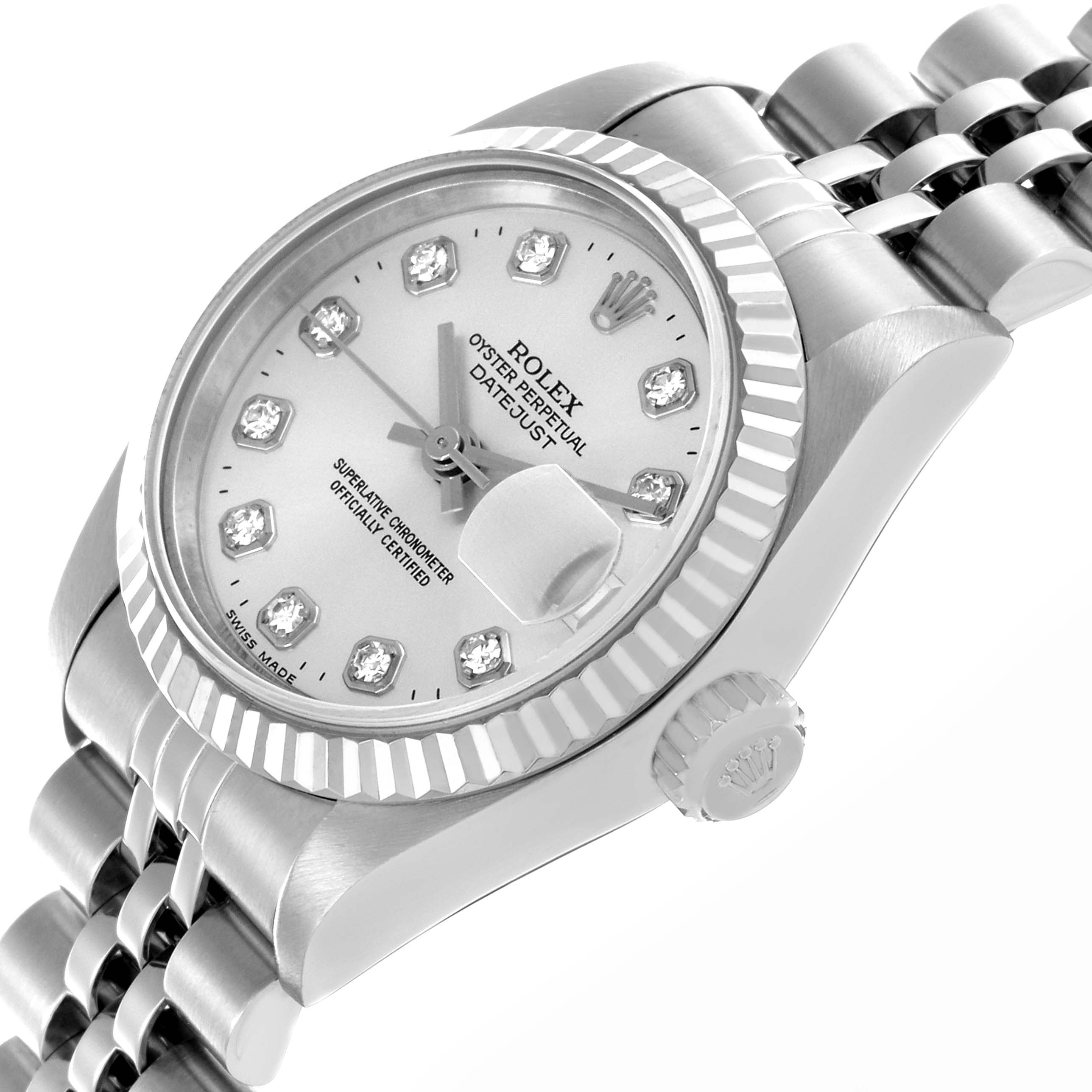 The Rolex Datejust 69174 Women's Stainless Steel Silver Dial 69174 Women's Stainless Steel Silver Dial watch is shown from a tilted angle, highlighting the fluted bezel, crown, and jubilee bracelet.