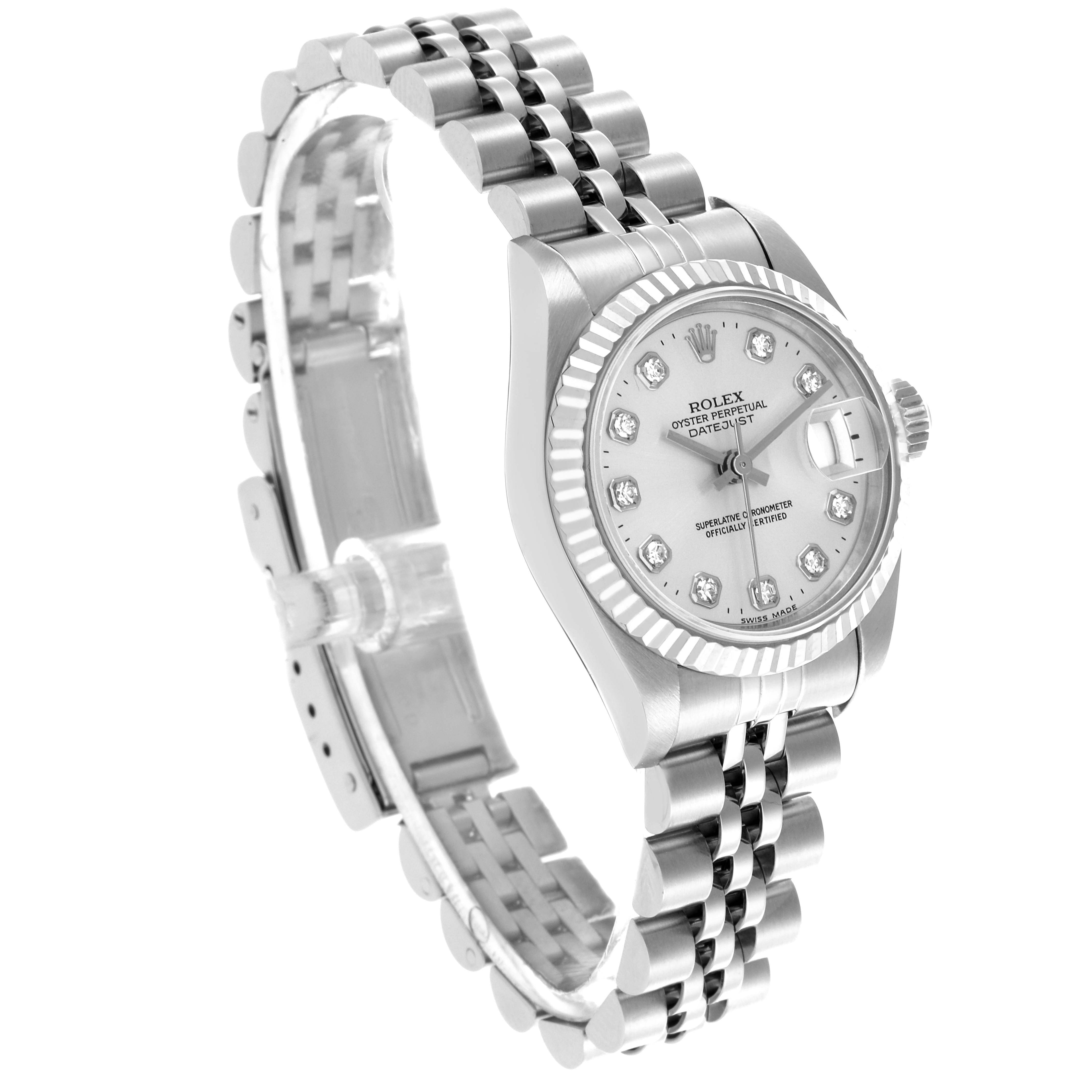 The Rolex Datejust 69174 Women's Stainless Steel Silver Dial 69174 Women's Stainless Steel Silver Dial watch is shown at a three-quarter angle, displaying the face, fluted bezel, and Jubilee bracelet.