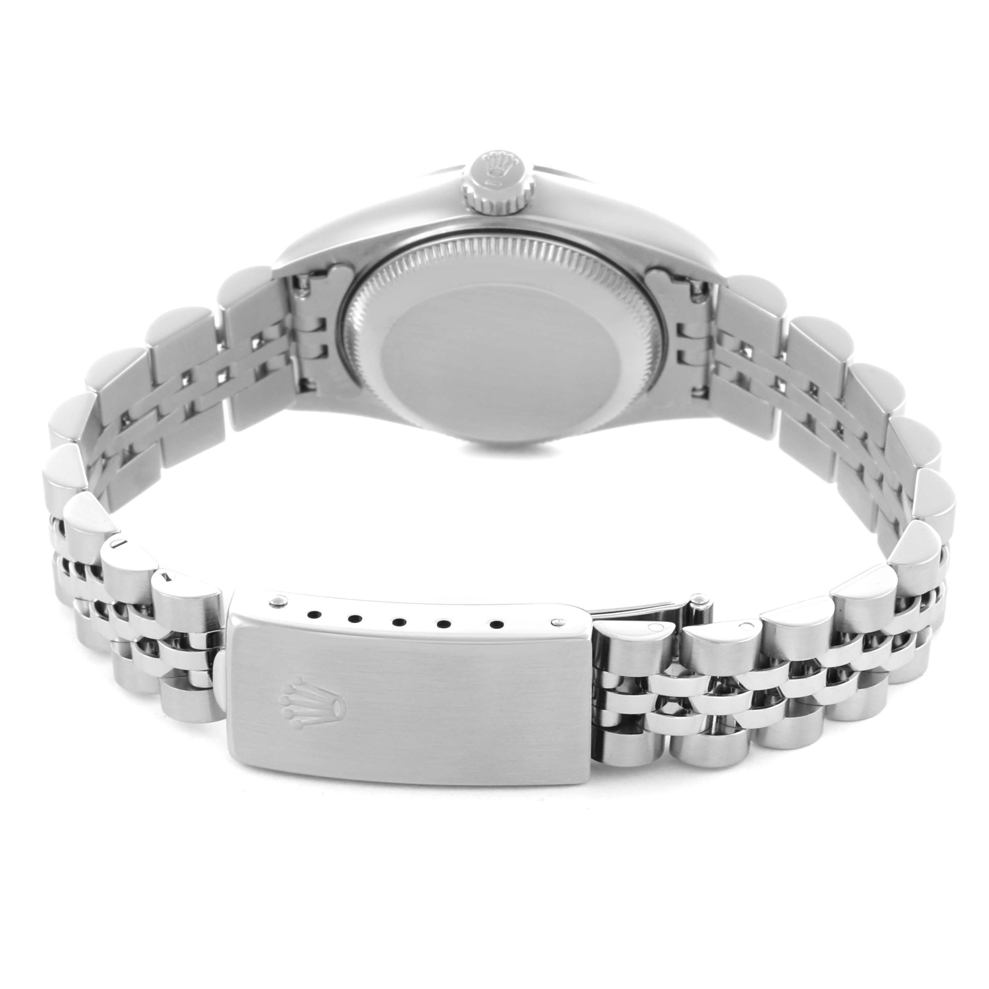 The Rolex Datejust 69174 Women's Stainless Steel Silver Dial 69174 Women's Stainless Steel Silver Dial is shown from the back, highlighting the case back, bracelet, and clasp.