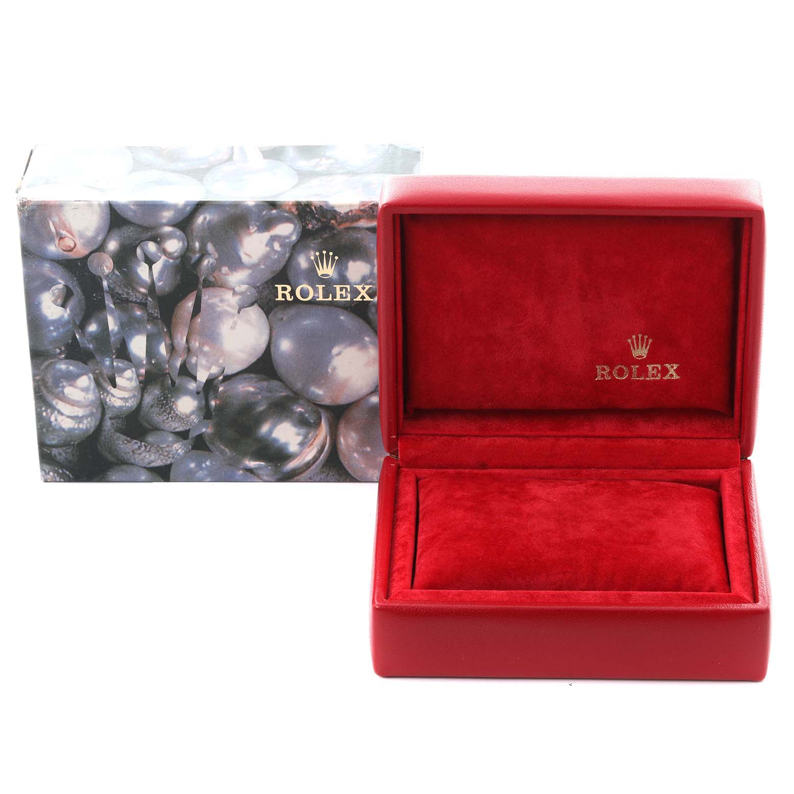 The image shows a red Rolex watch box and outer packaging, viewed from the front, without the Datejust watch.