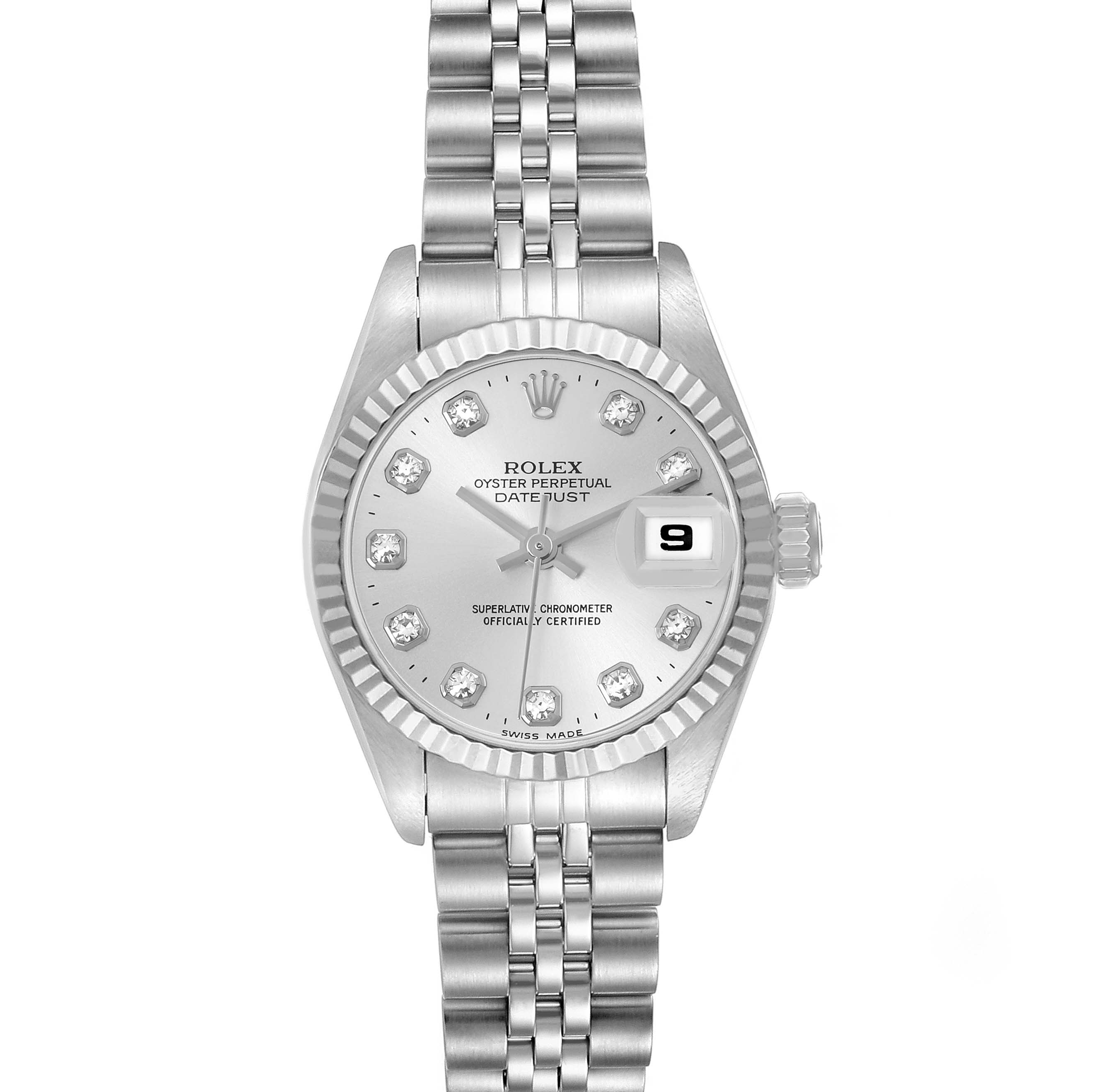 The Rolex Datejust 69174 Women's Stainless Steel Silver Dial 69174 Women's Stainless Steel Silver Dial watch is shown from a front angle, highlighting its dial, fluted bezel, and Jubilee bracelet.