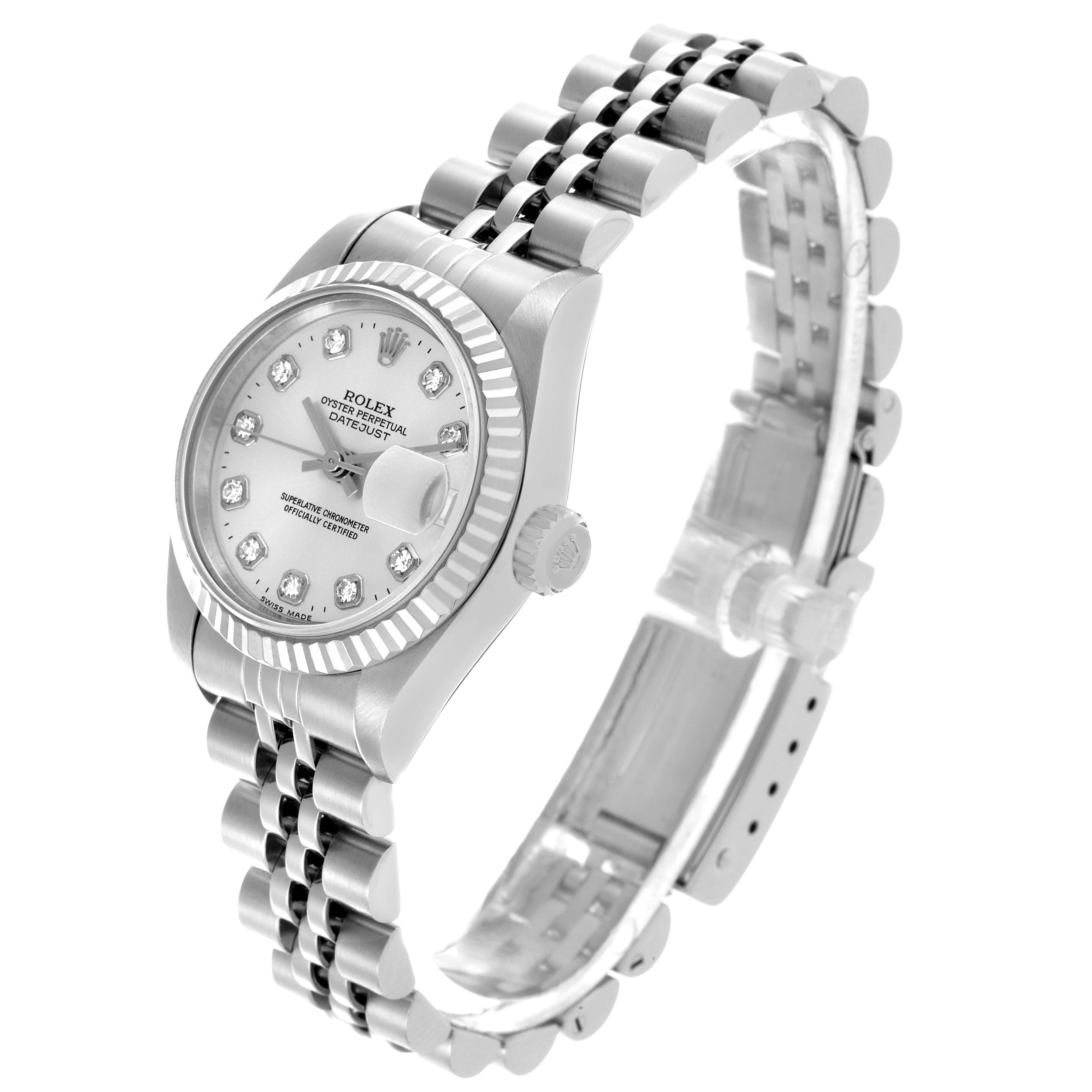 The Rolex Datejust 69174 Women's Stainless Steel Silver Dial 69174 Women's Stainless Steel Silver Dial watch is shown from a three-quarter angle, highlighting the face, case, bezel, crown, and bracelet.