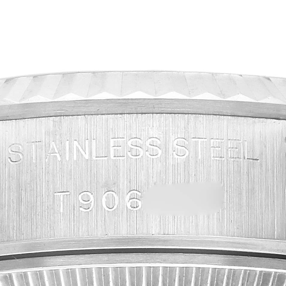 The image shows a close-up of the inner engraving on the stainless steel case back of a Rolex Datejust 69174 Women's Stainless Steel Silver Dial 69174 Women's Stainless Steel Silver Dial watch.