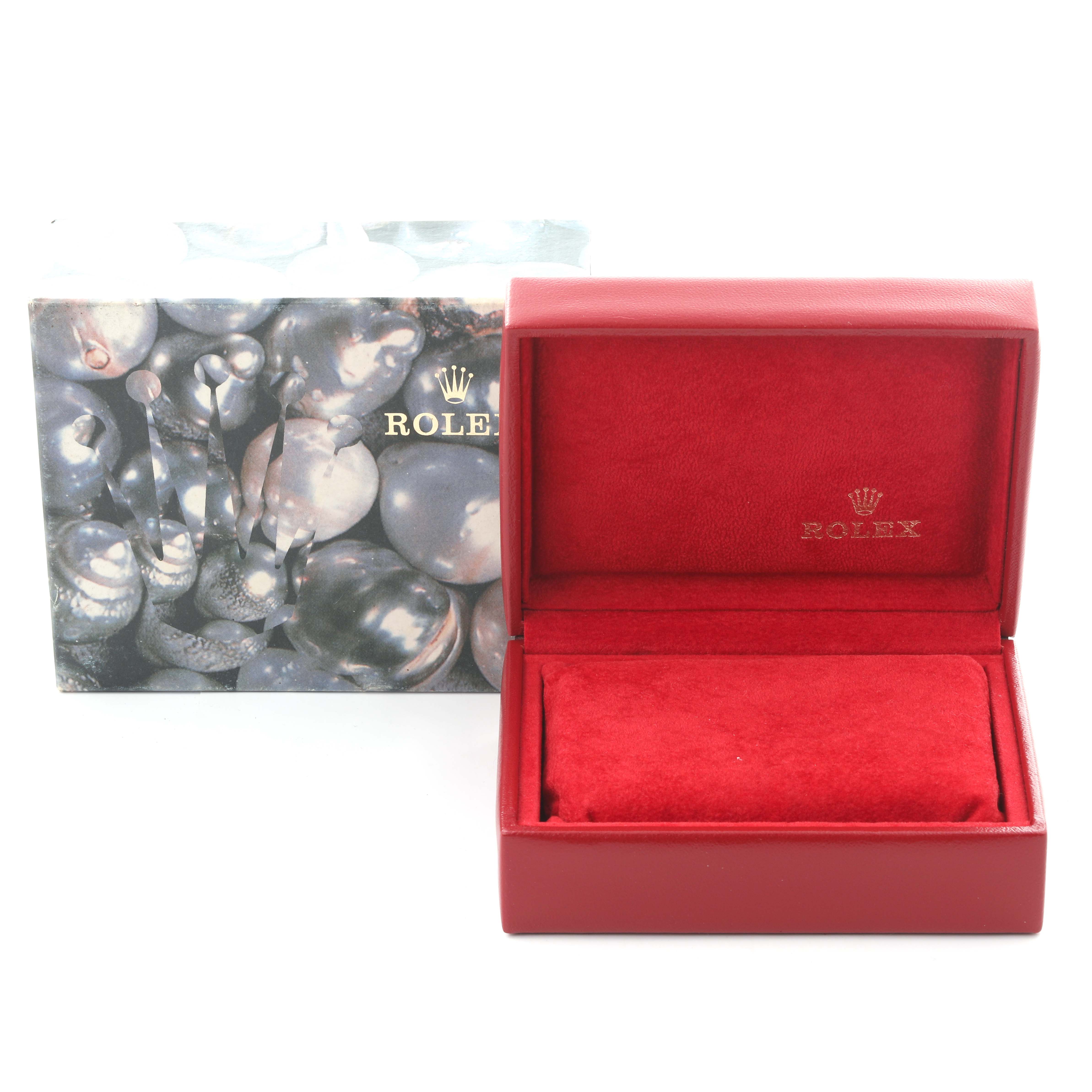 The image shows a Rolex Datejust 79174 Women's Stainless Steel Silver Dial 79174 Women's Stainless Steel Silver Dial box and sleeve, viewed from the front, with the box open displaying the interior.