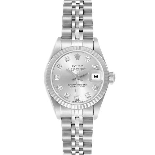 The Rolex Datejust watch is shown from a front angle, highlighting the dial, bezel, bracelet, and date feature.