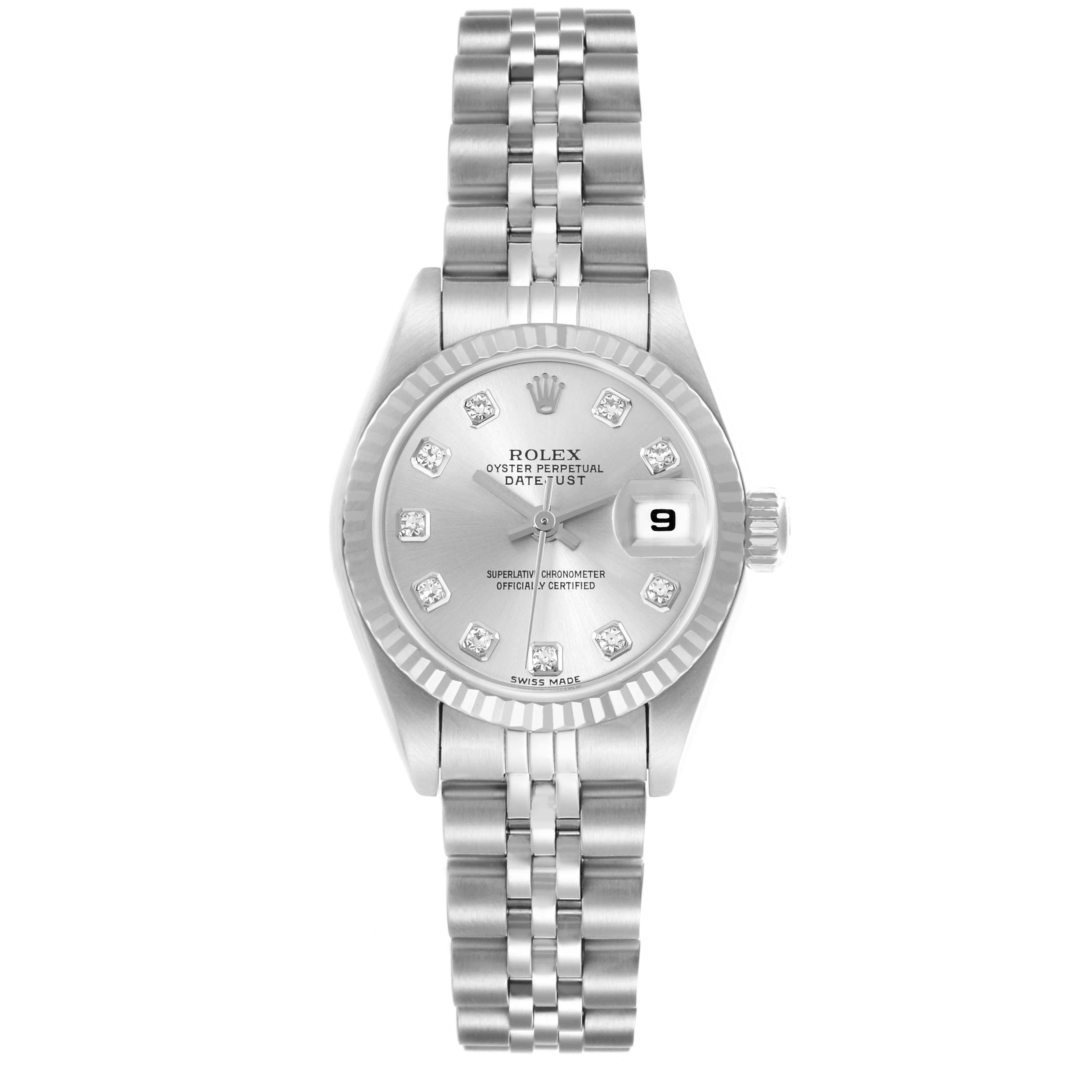 The Rolex Datejust 79174 Women's Stainless Steel Silver Dial 79174 Women's Stainless Steel Silver Dial watch is shown from a straight-on angle, displaying the dial, bezel, case, and bracelet.