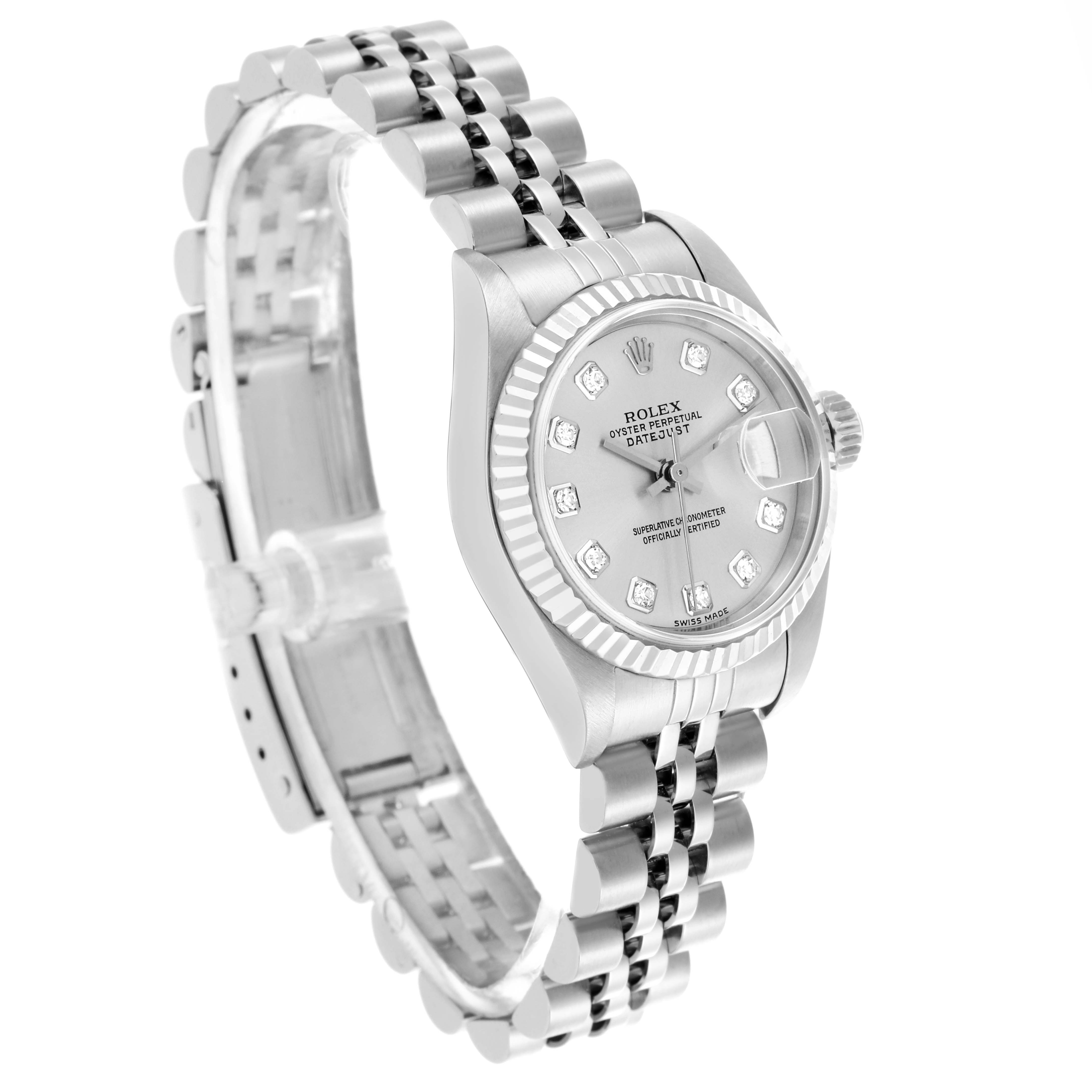 The Rolex Datejust 79174 Women's Stainless Steel Silver Dial 79174 Women's Stainless Steel Silver Dial watch is shown at an angled side view, highlighting the face, bezel, and bracelet.