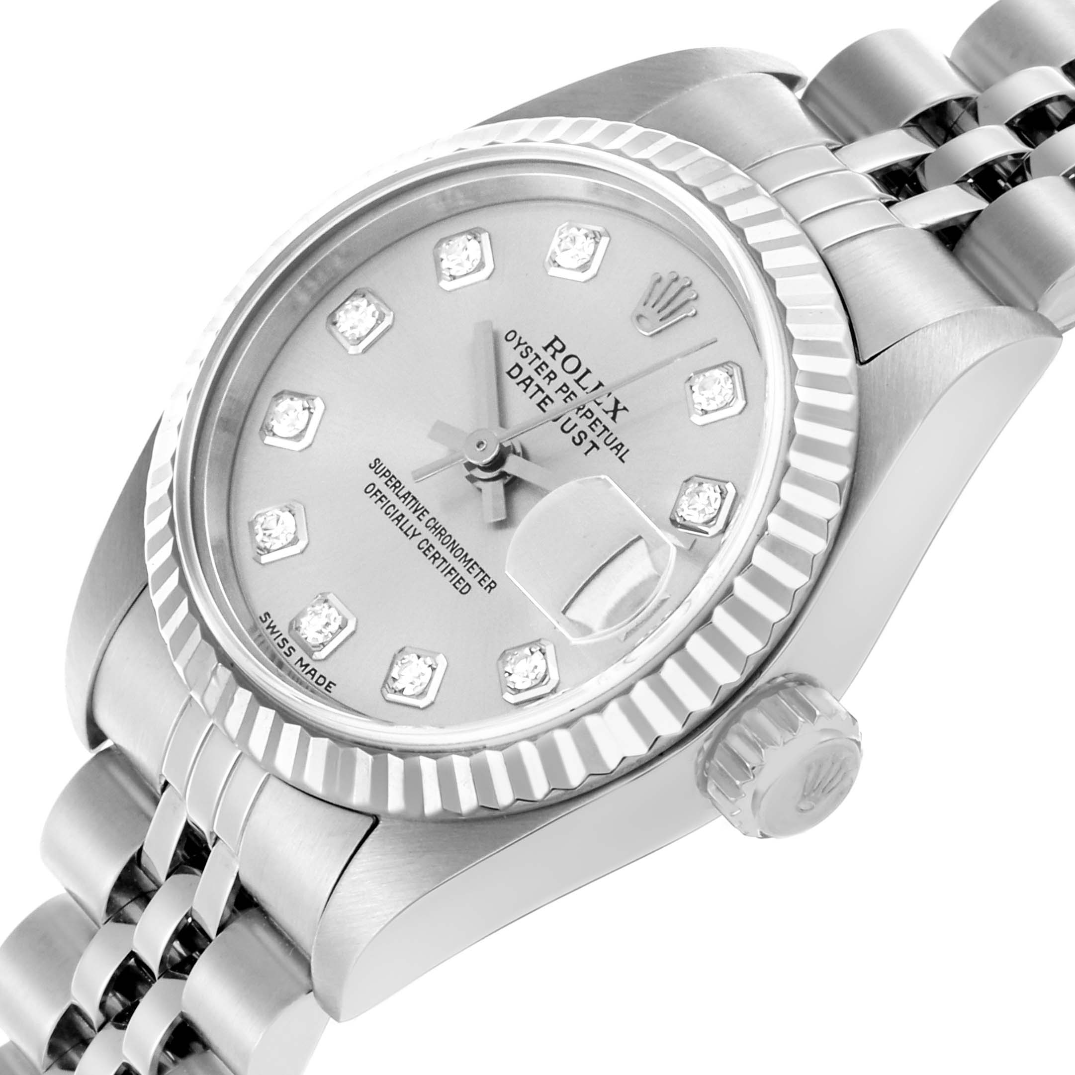 The Rolex Datejust 79174 Women's Stainless Steel Silver Dial 79174 Women's Stainless Steel Silver Dial watch is shown at a three-quarter angle, highlighting the face, bezel, crown, and part of the bracelet.
