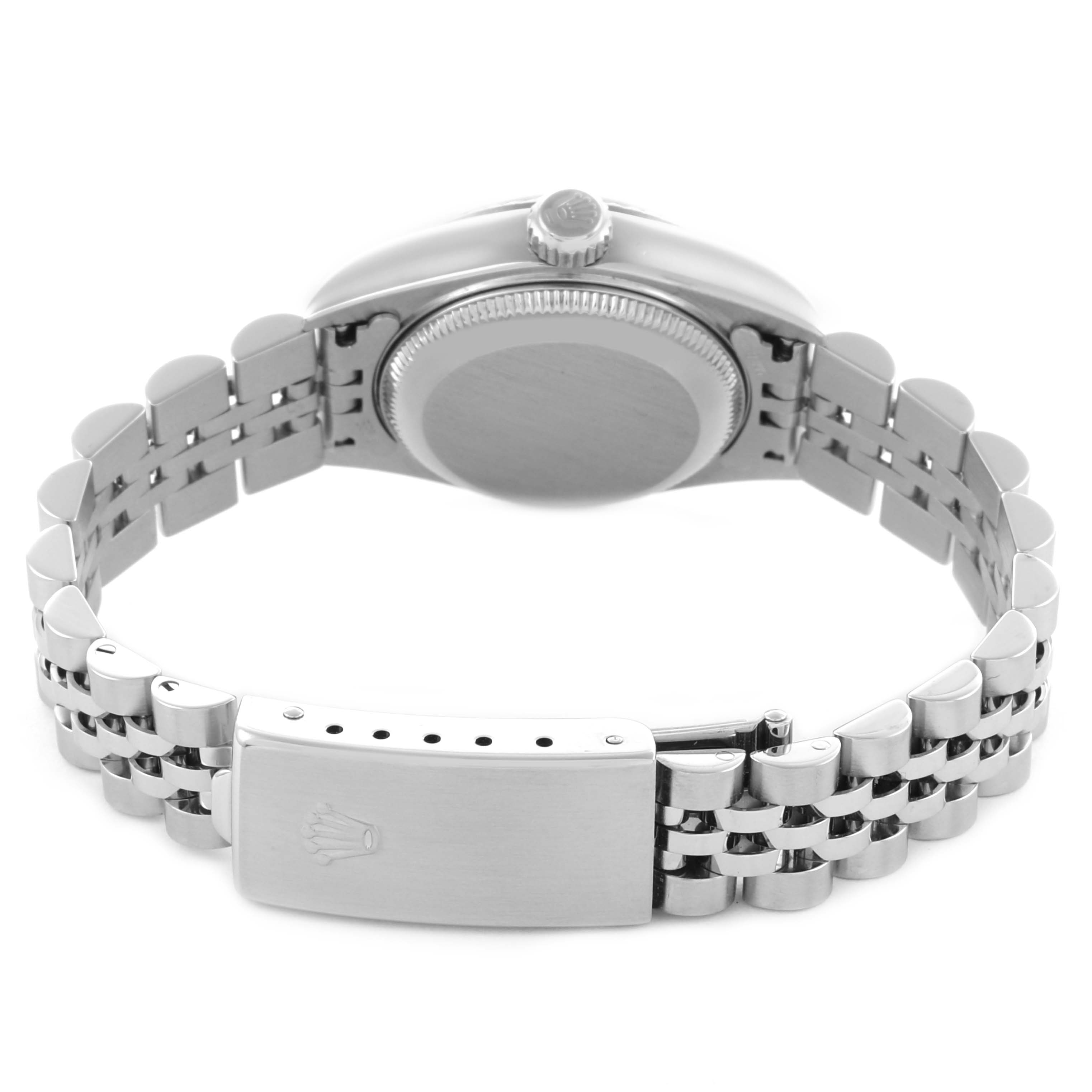 The image shows the back of the Rolex Datejust 79174 Women's Stainless Steel Silver Dial 79174 Women's Stainless Steel Silver Dial, highlighting the bracelet, clasp, and case back.