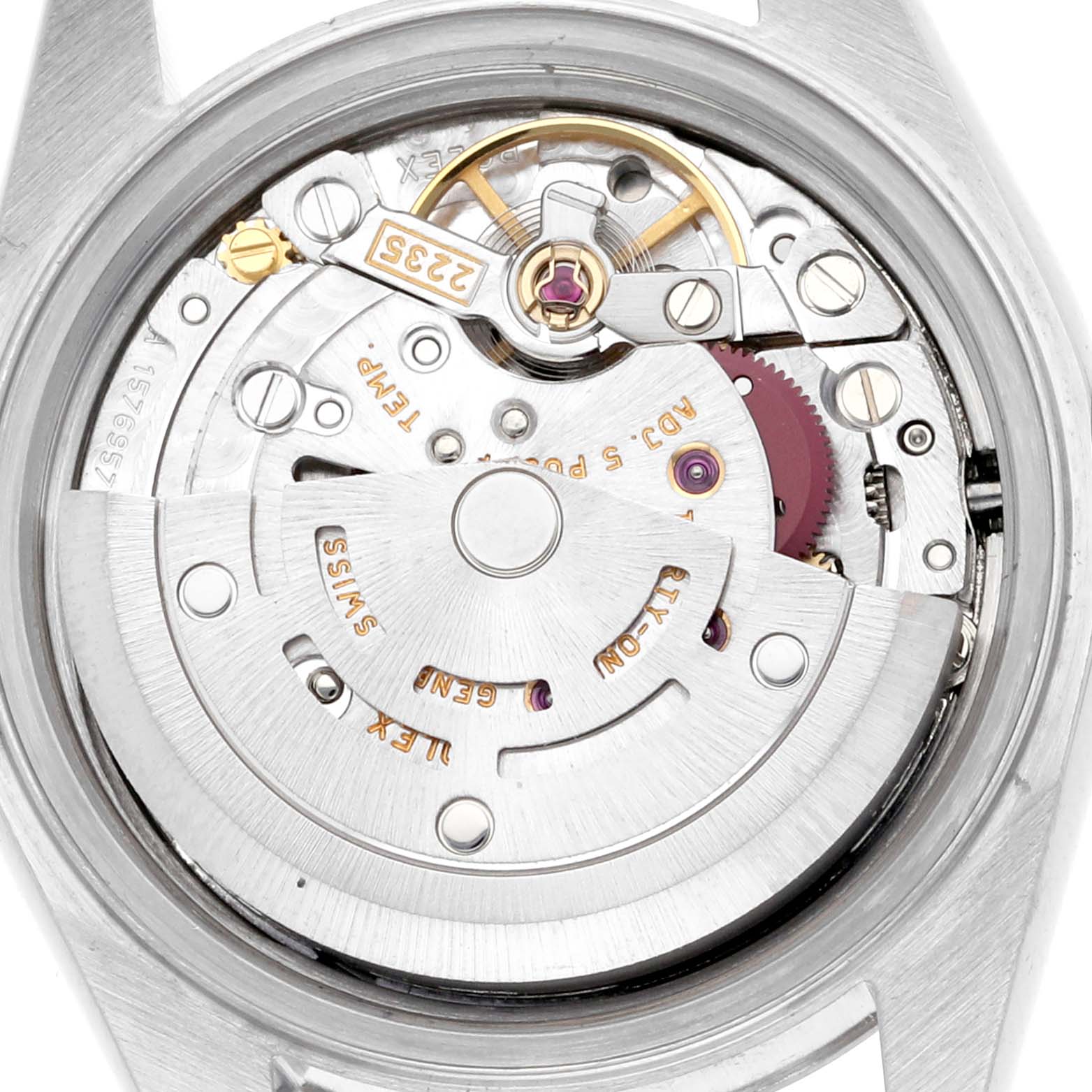 The image shows the movement mechanism of a Rolex Datejust 79174 Women's Stainless Steel Silver Dial 79174 Women's Stainless Steel Silver Dial, viewed from the back.