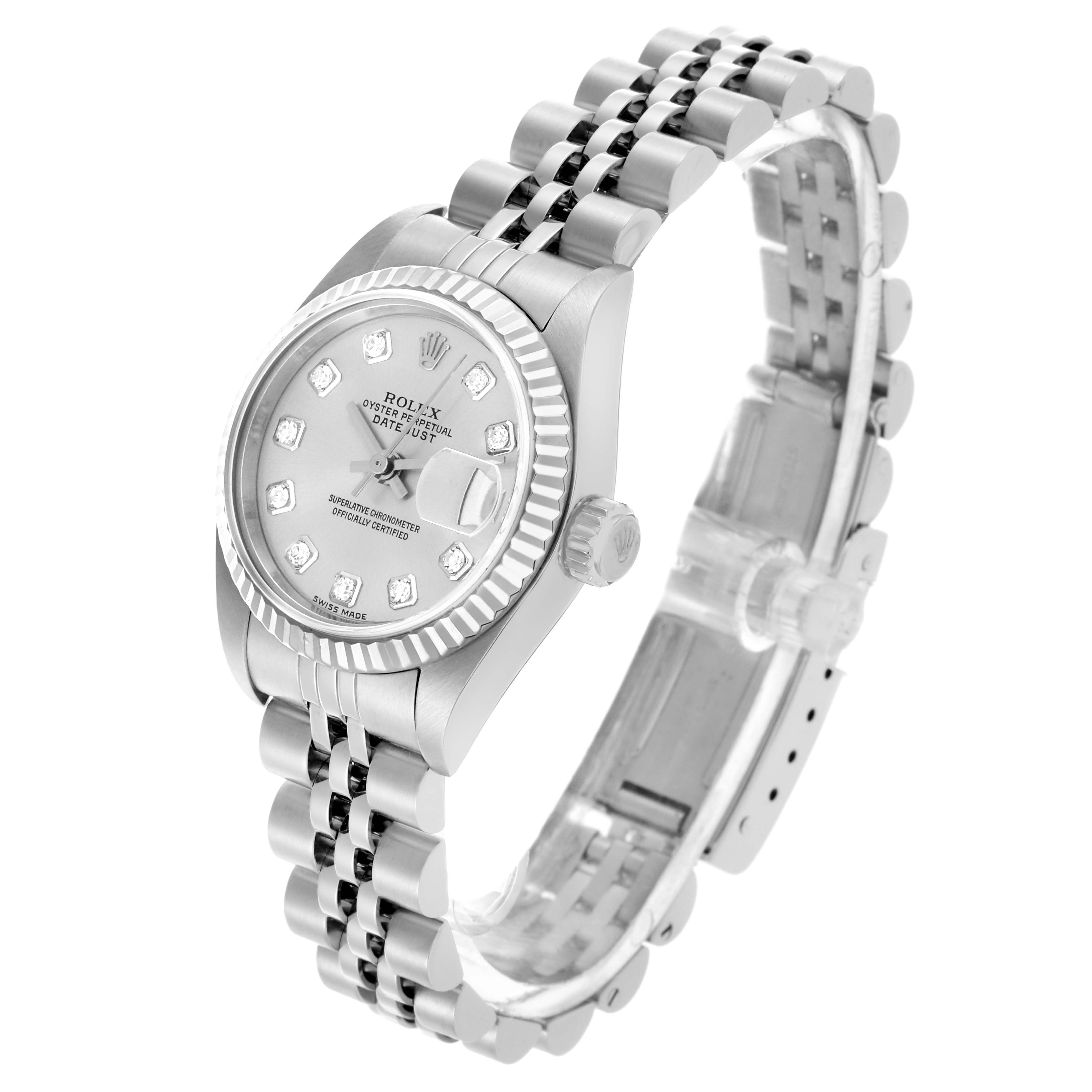 The Rolex Datejust 79174 Women's Stainless Steel Silver Dial 79174 Women's Stainless Steel Silver Dial watch is shown at a three-quarter angle, highlighting the dial, bezel, and part of the bracelet.