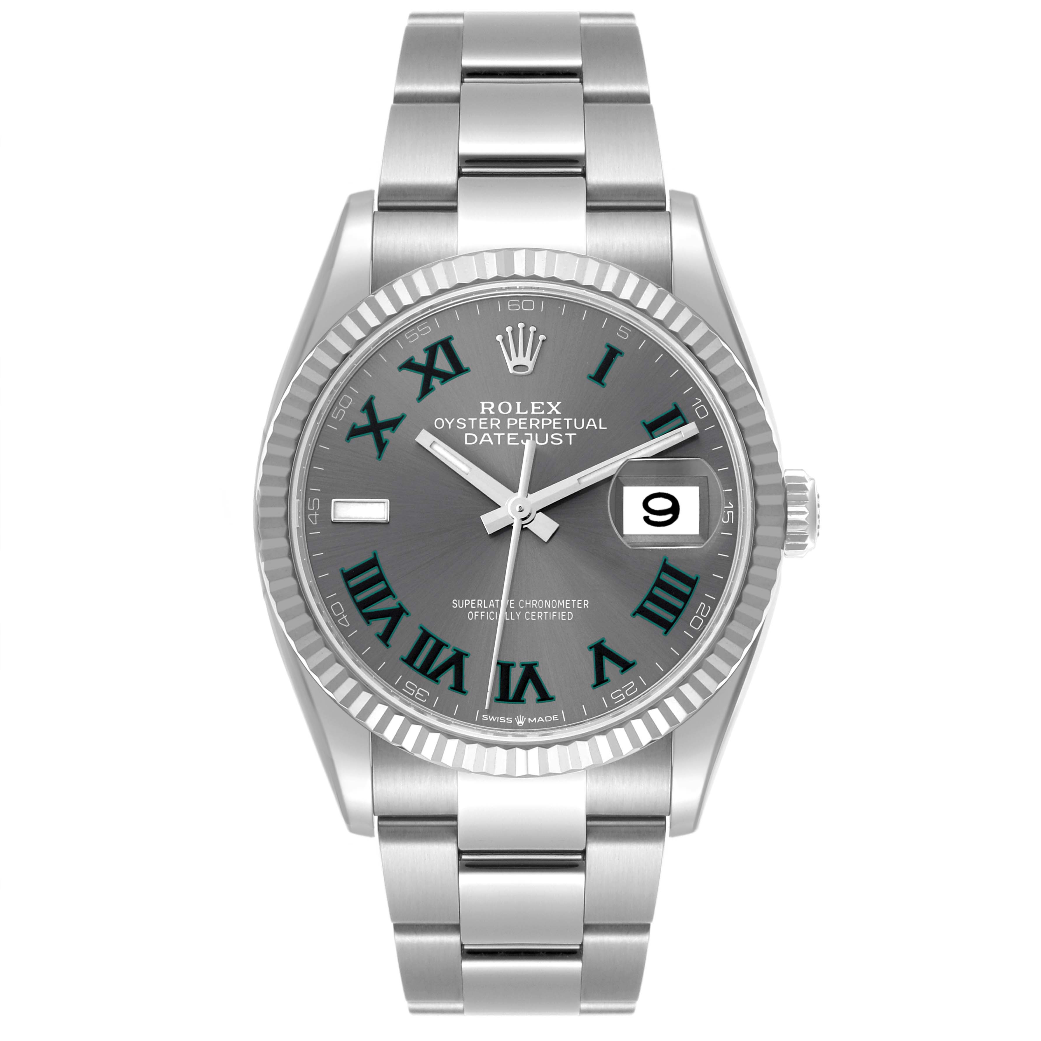The Rolex Datejust 126234 Men's Stainless Steel Grey Dial 126234 Men's Stainless Steel Grey Dial watch is shown from the front, featuring the dial, bezel, and bracelet.