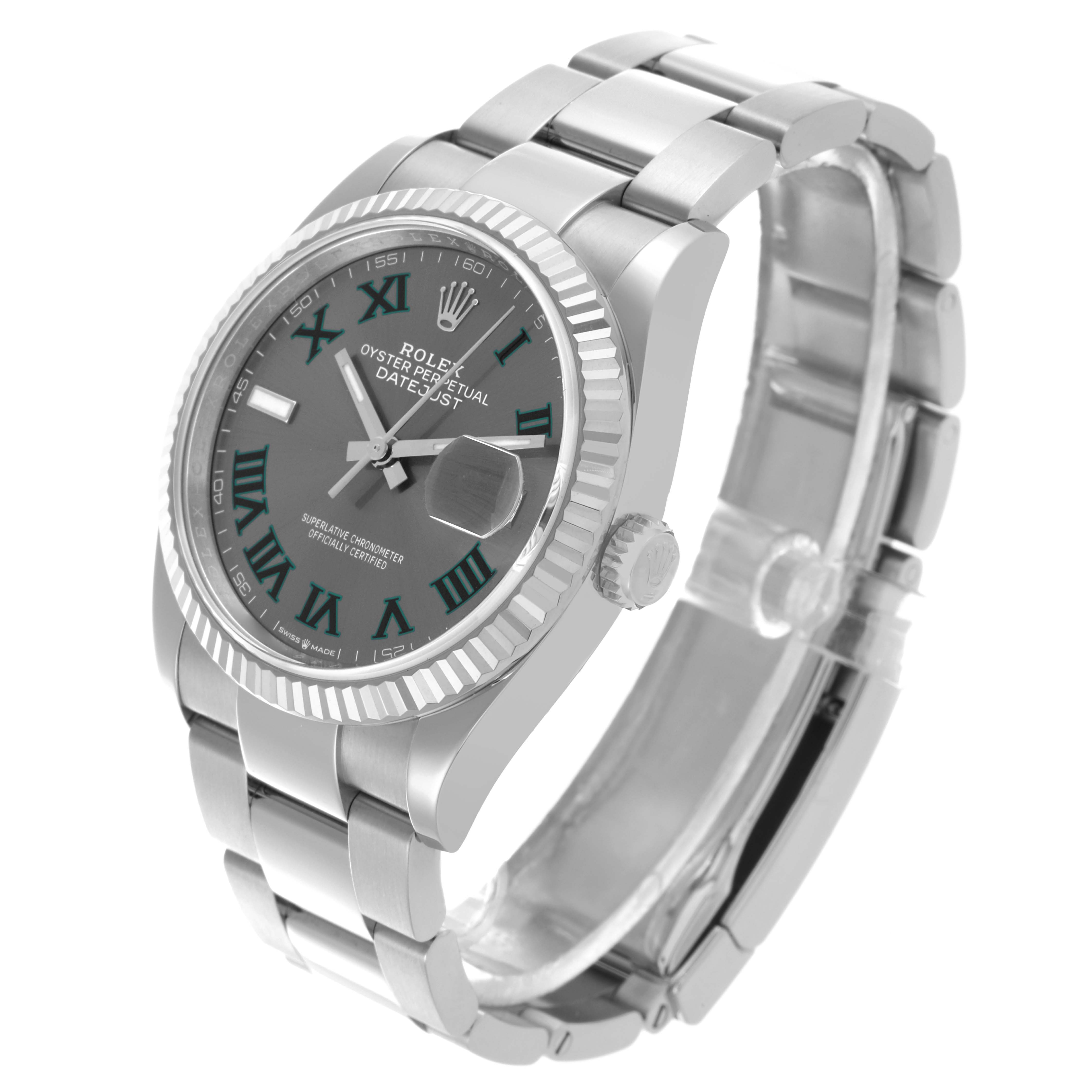 The Rolex Datejust 126234 Men's Stainless Steel Grey Dial 126234 Men's Stainless Steel Grey Dial watch is shown at a three-quarter angle, highlighting the dial, bezel, crown, and bracelet.