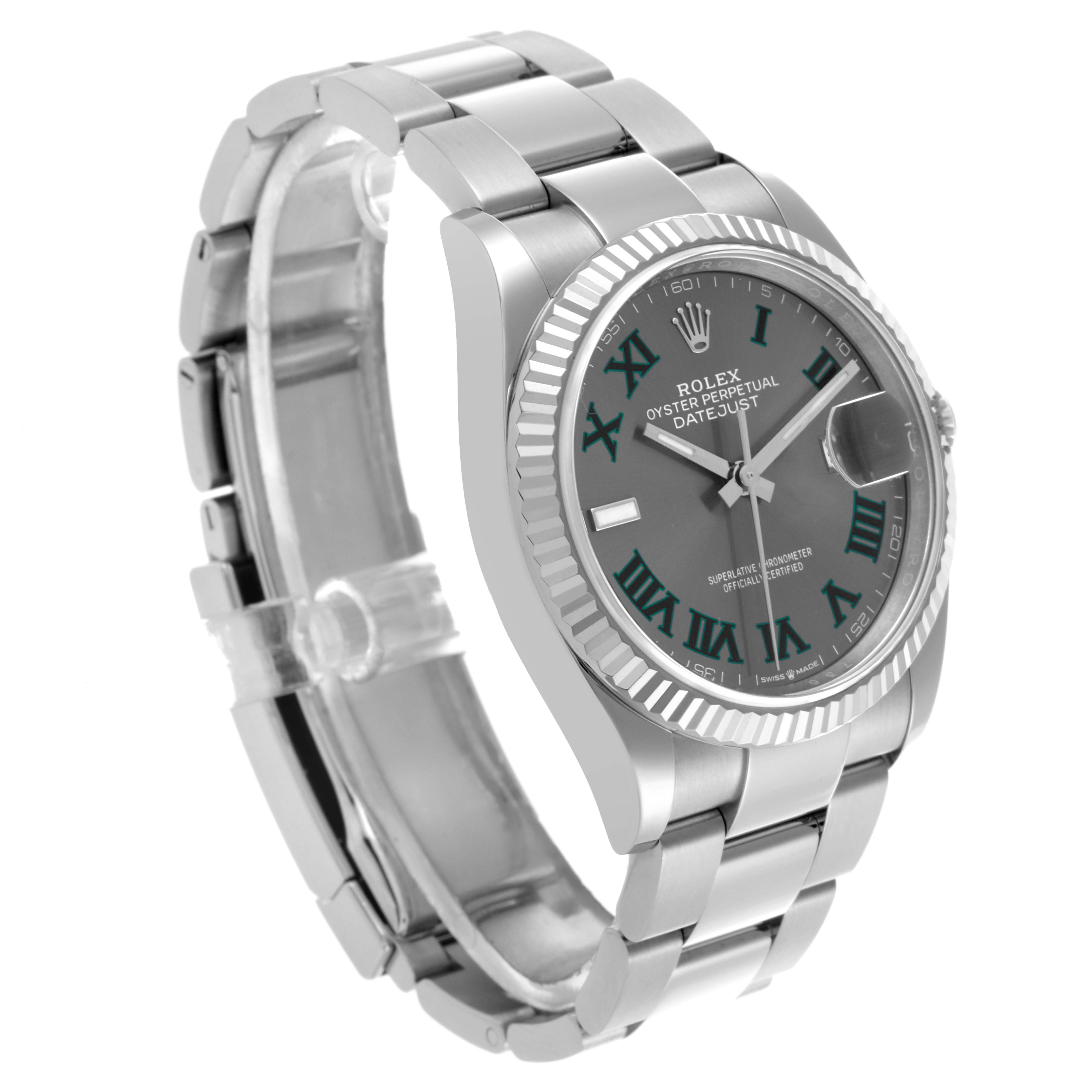 The Rolex Datejust 126234 Men's Stainless Steel Grey Dial 126234 Men's Stainless Steel Grey Dial watch is shown at an angled side view, displaying the face, bezel, and part of the bracelet.