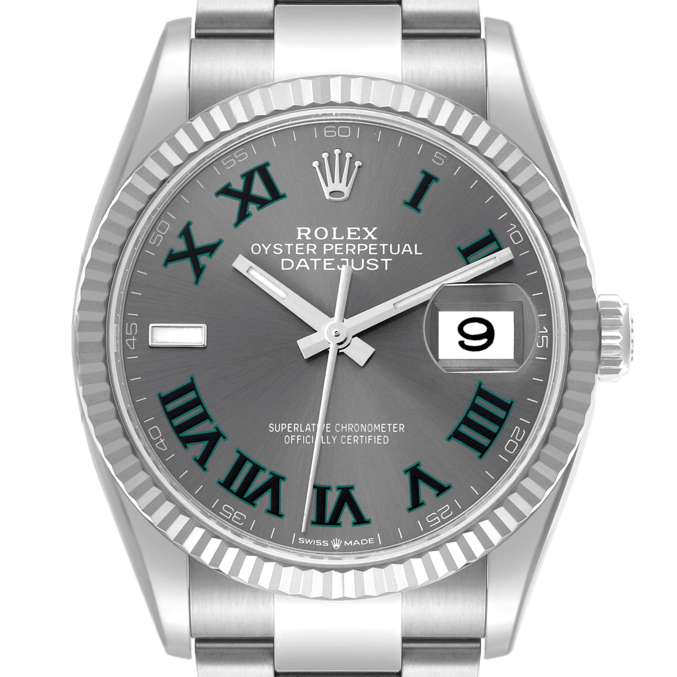 The Rolex Datejust 126234 Men's Stainless Steel Grey Dial 126234 Men's Stainless Steel Grey Dial watch is shown from a front angle, highlighting the dial, Roman numerals, date, and fluted bezel.