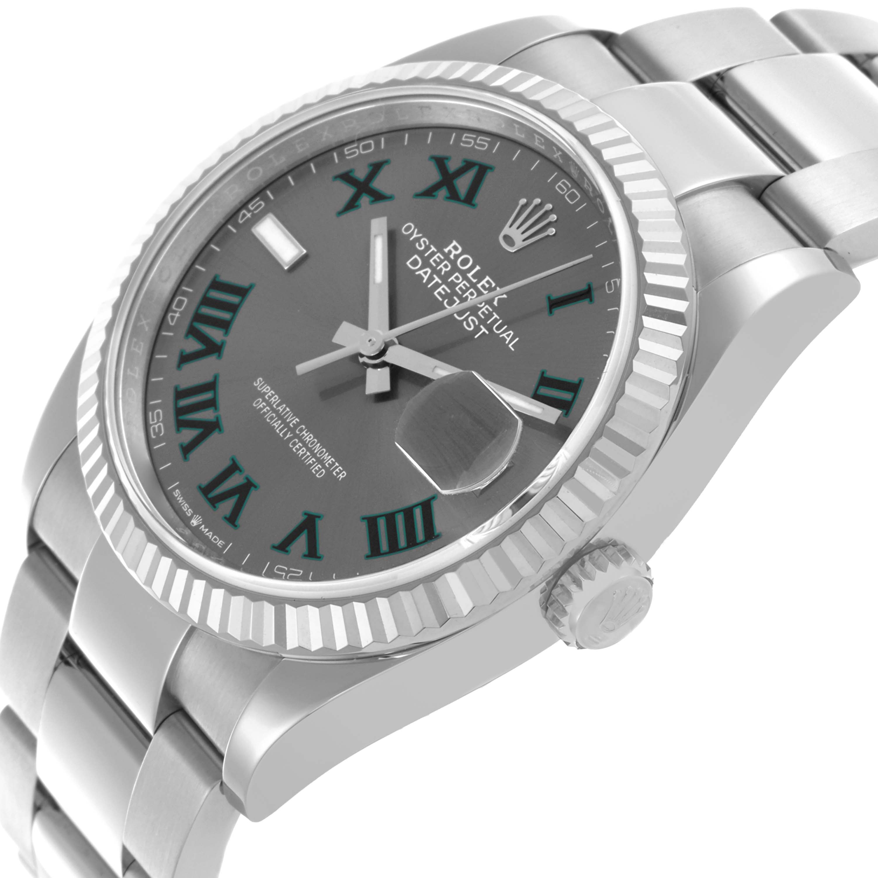 The Rolex Datejust 126234 Men's Stainless Steel Grey Dial 126234 Men's Stainless Steel Grey Dial watch is shown at an angled side view, highlighting the dial, bezel, crown, and bracelet.