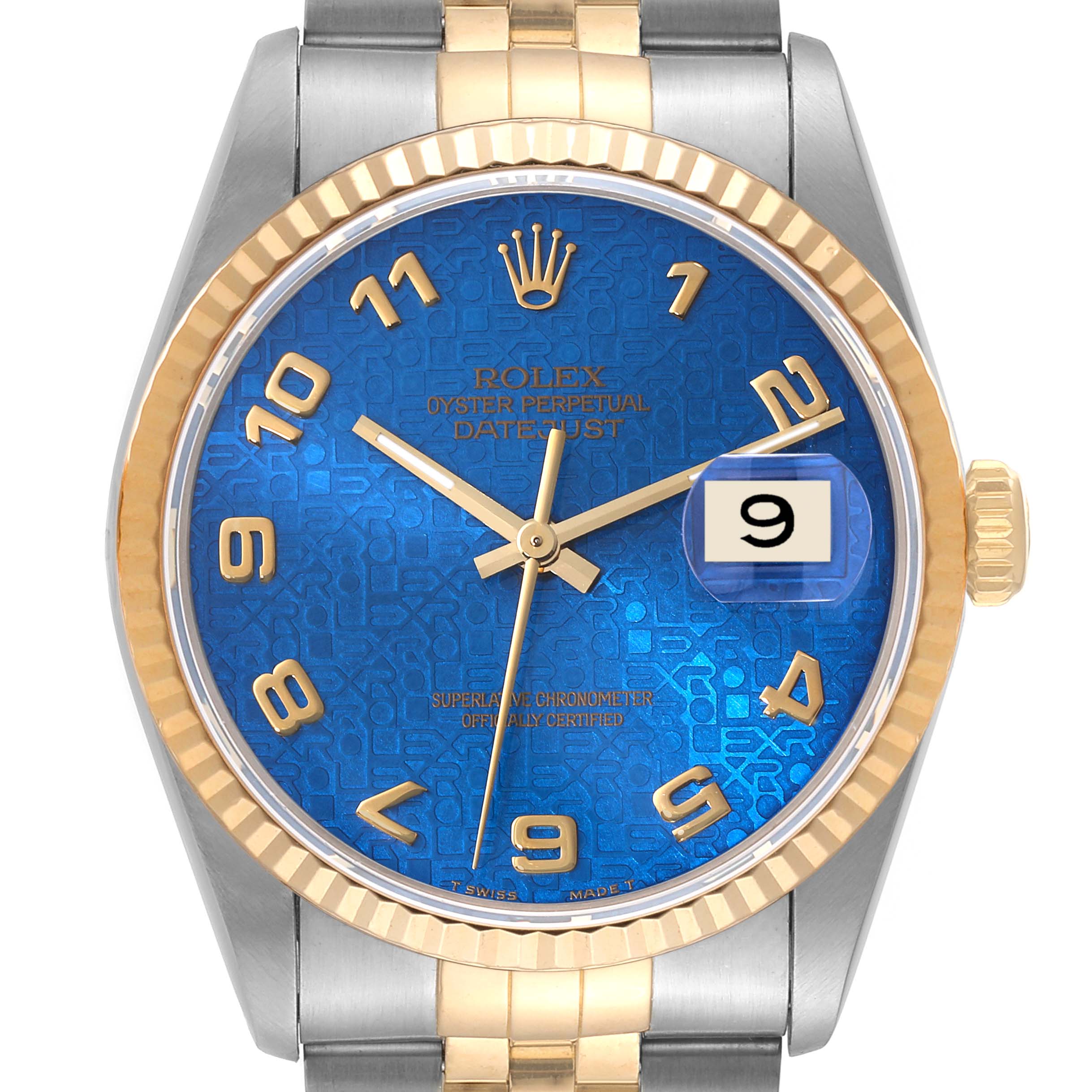 The image shows a front view of a Rolex Datejust 16233 Men's Steel and Gold (two tone) Blue Dial 16233 Men's Steel and Gold (two tone) Blue Dial watch, highlighting its blue dial, gold fluted bezel, and two-tone bracelet.