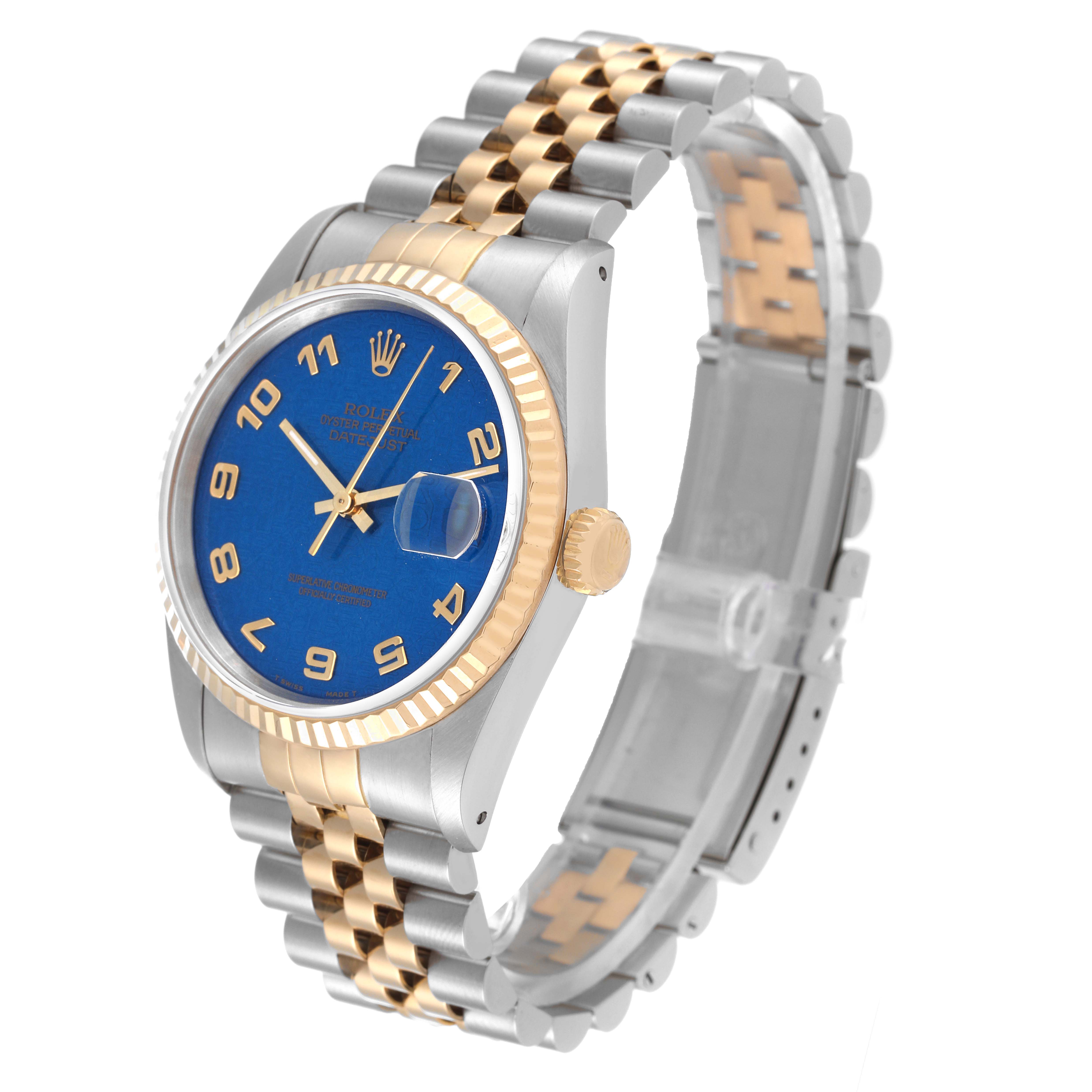 This image shows a Rolex Datejust 16233 Men's Steel and Gold (two tone) Blue Dial 16233 Men's Steel and Gold (two tone) Blue Dial watch at a three-quarter angle, highlighting the blue dial, fluted bezel, and jubilee bracelet.