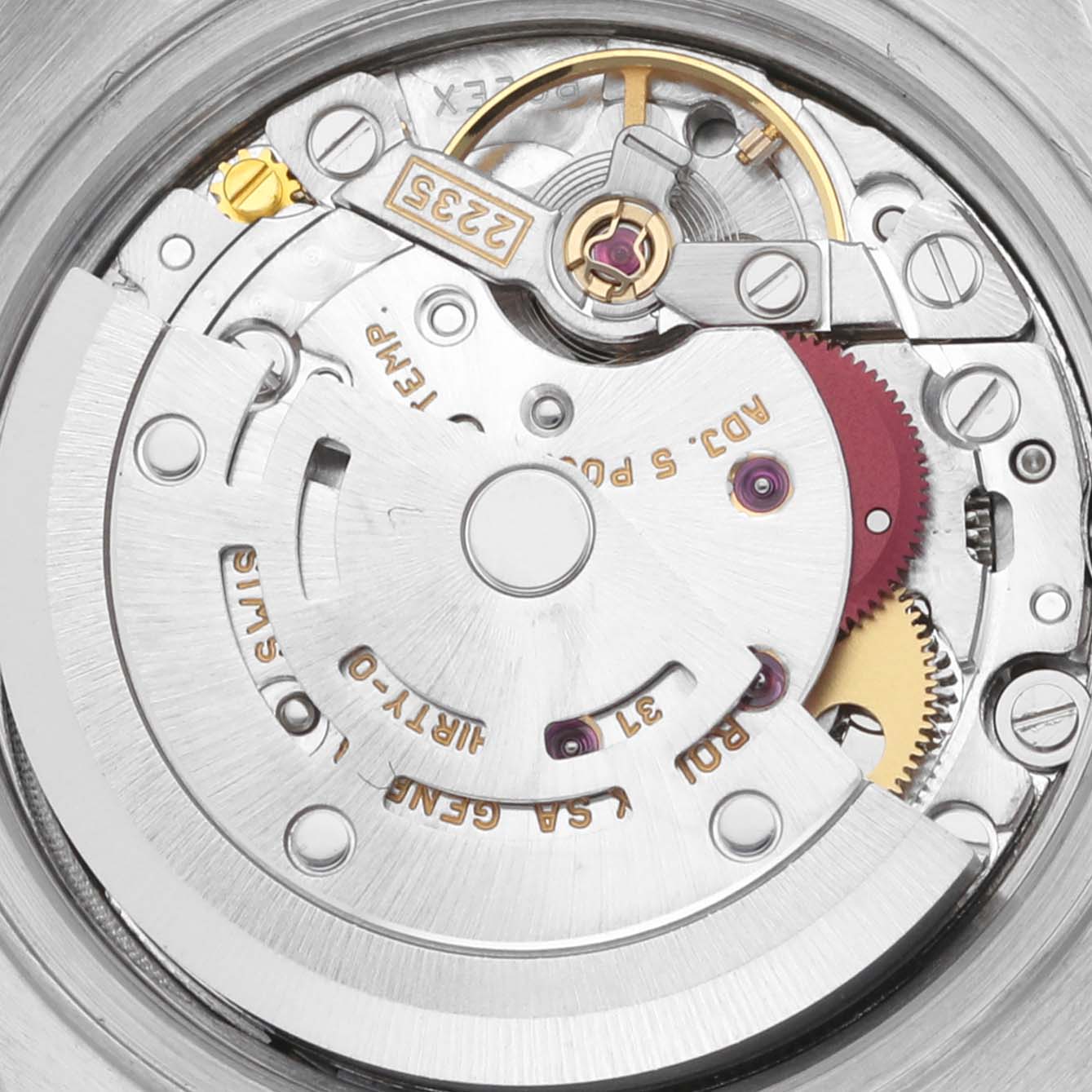 The image shows a close-up of the Rolex Datejust 79173 Women's Steel and Gold (two tone) Blue Dial 79173 Women's Steel and Gold (two tone) Blue Dial movement, highlighting gears and components.