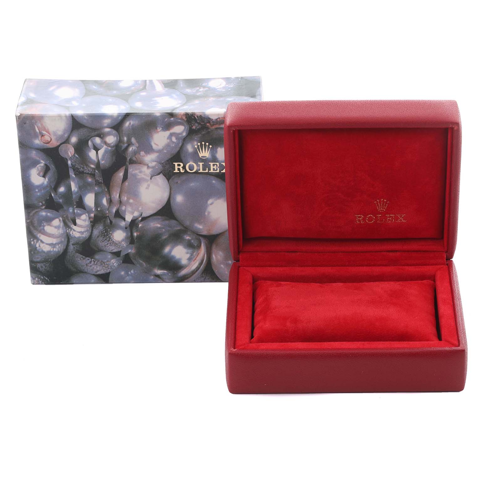 The image shows a red Rolex Datejust 79173 Women's Steel and Gold (two tone) Blue Dial 79173 Women's Steel and Gold (two tone) Blue Dial watch box and an outer decorative box, viewed from the front.