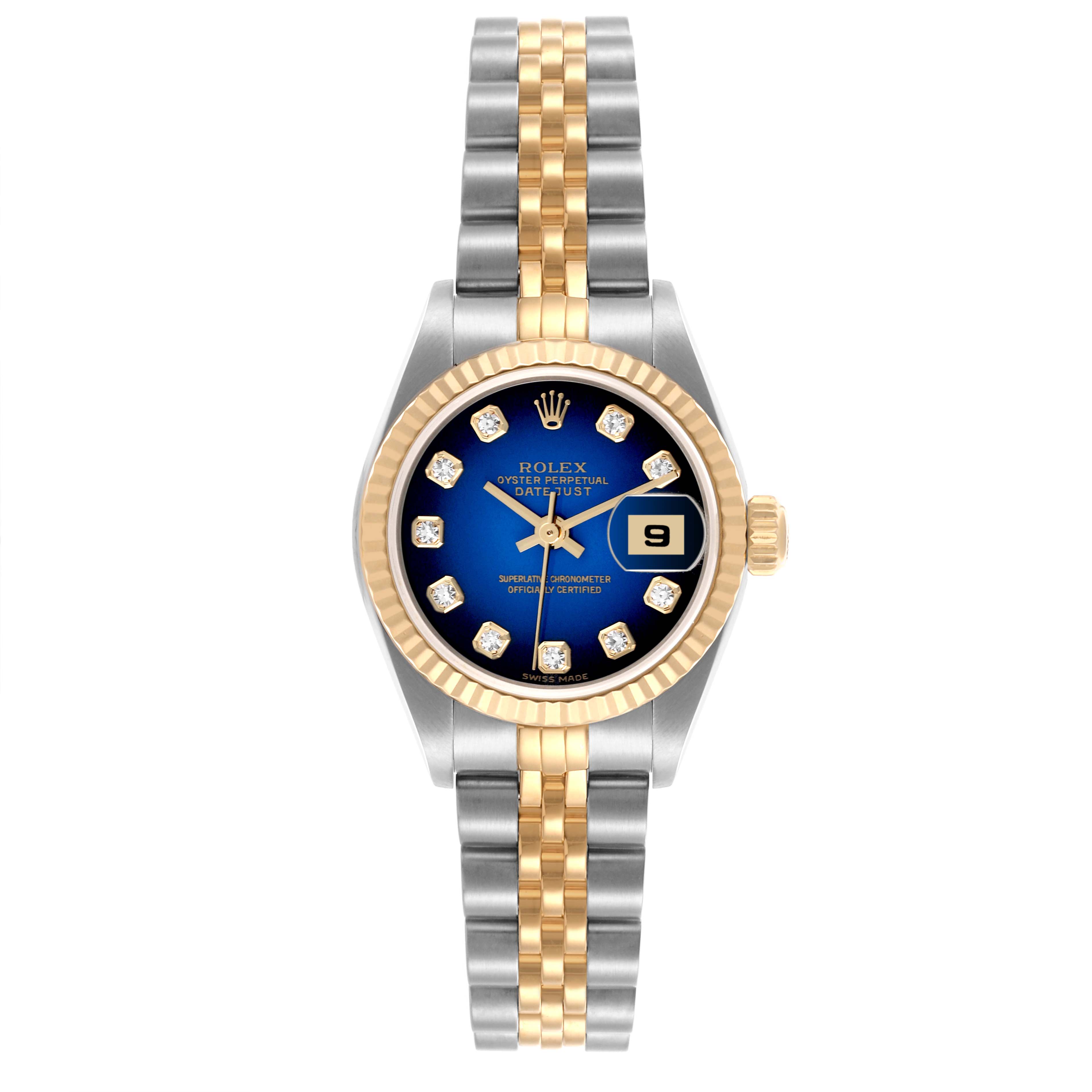 The Rolex Datejust 79173 Women's Steel and Gold (two tone) Blue Dial 79173 Women's Steel and Gold (two tone) Blue Dial watch is shown from the front, displaying the face, bezel, case, and bracelet links.