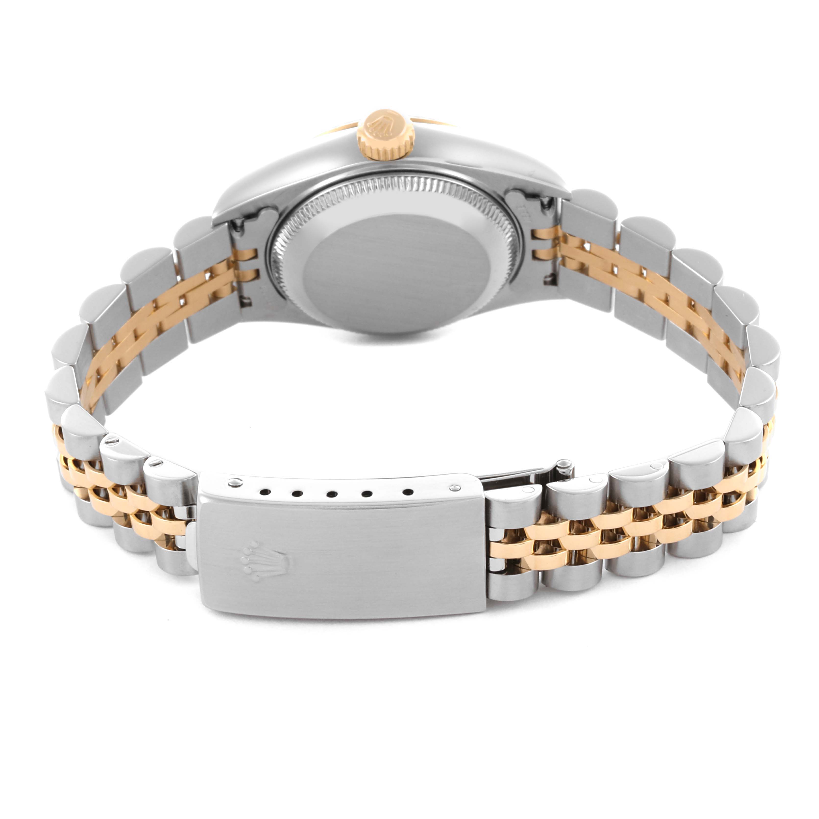 The image shows a Rolex Datejust 79173 Women's Steel and Gold (two tone) Blue Dial 79173 Women's Steel and Gold (two tone) Blue Dial watch from the back, highlighting the two-tone bracelet, clasp, and case back.