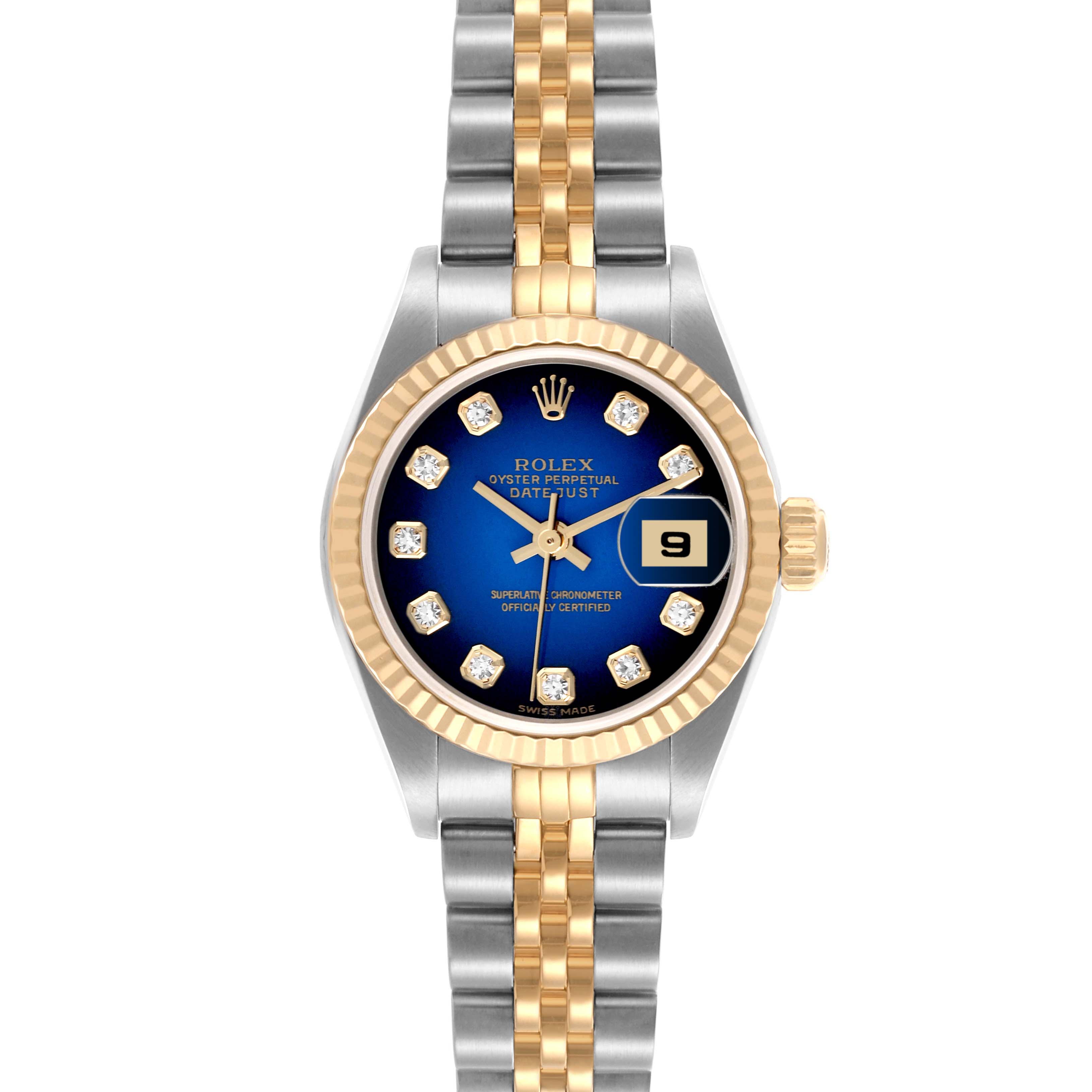 The Rolex Datejust 79173 Women's Steel and Gold (two tone) Blue Dial 79173 Women's Steel and Gold (two tone) Blue Dial watch is shown from the front, highlighting its blue dial, gold fluted bezel, and two-tone bracelet.