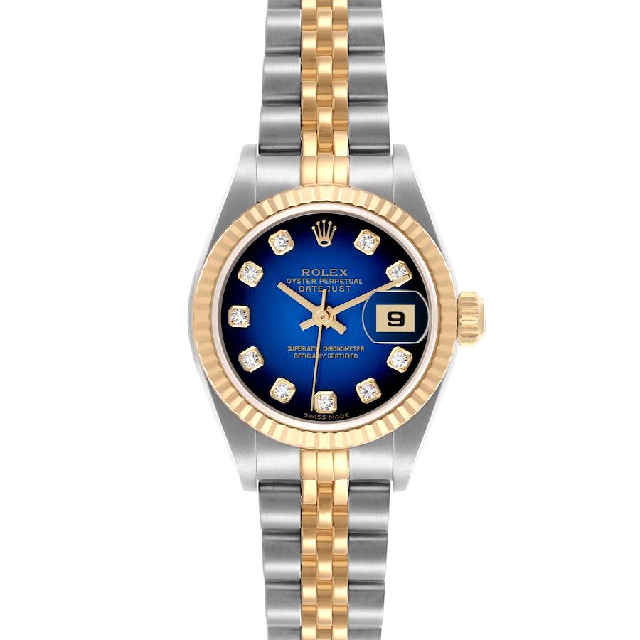 The Rolex Datejust watch is shown from the front, highlighting its blue dial, gold fluted bezel, and two-tone bracelet.