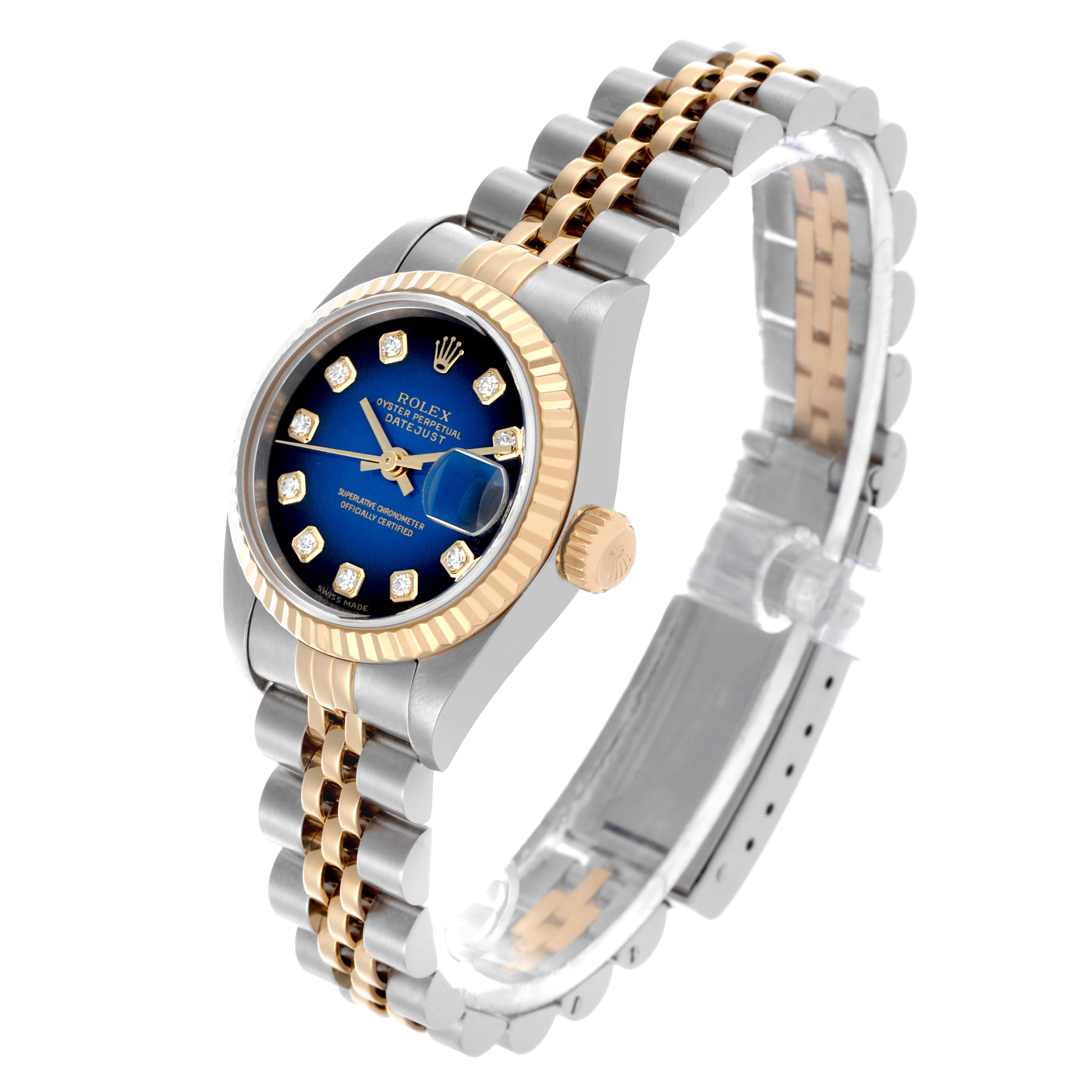 The Rolex Datejust 79173 Women's Steel and Gold (two tone) Blue Dial 79173 Women's Steel and Gold (two tone) Blue Dial watch is shown from a three-quarter angle, highlighting the dial, bezel, and two-tone jubilee bracelet.