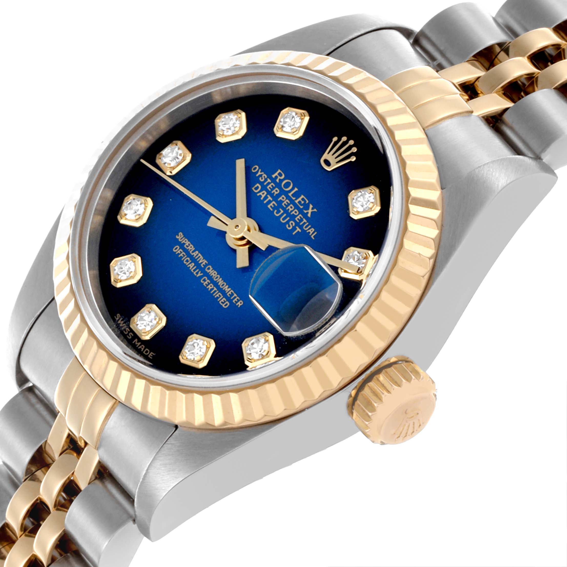 The Rolex Datejust 79173 Women's Steel and Gold (two tone) Blue Dial 79173 Women's Steel and Gold (two tone) Blue Dial watch is shown at a slight side angle, highlighting the bezel, crown, dial, and part of the bracelet.