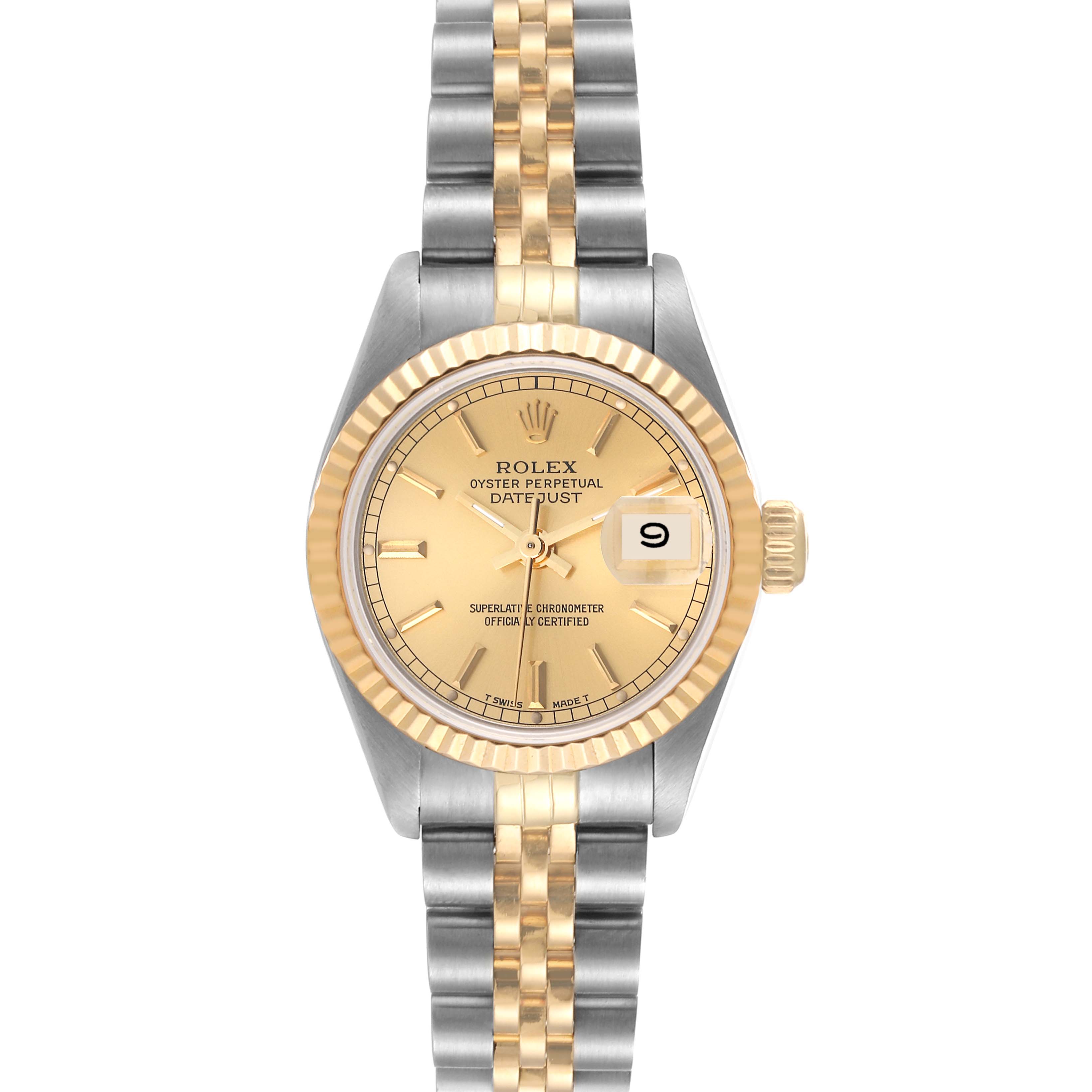 The image shows a frontal view of a Rolex Datejust 69173 Women's Steel and Gold (two tone) Champagne Dial 69173 Women's Steel and Gold (two tone) Champagne Dial watch, highlighting its dial, bezel, and two-tone bracelet.