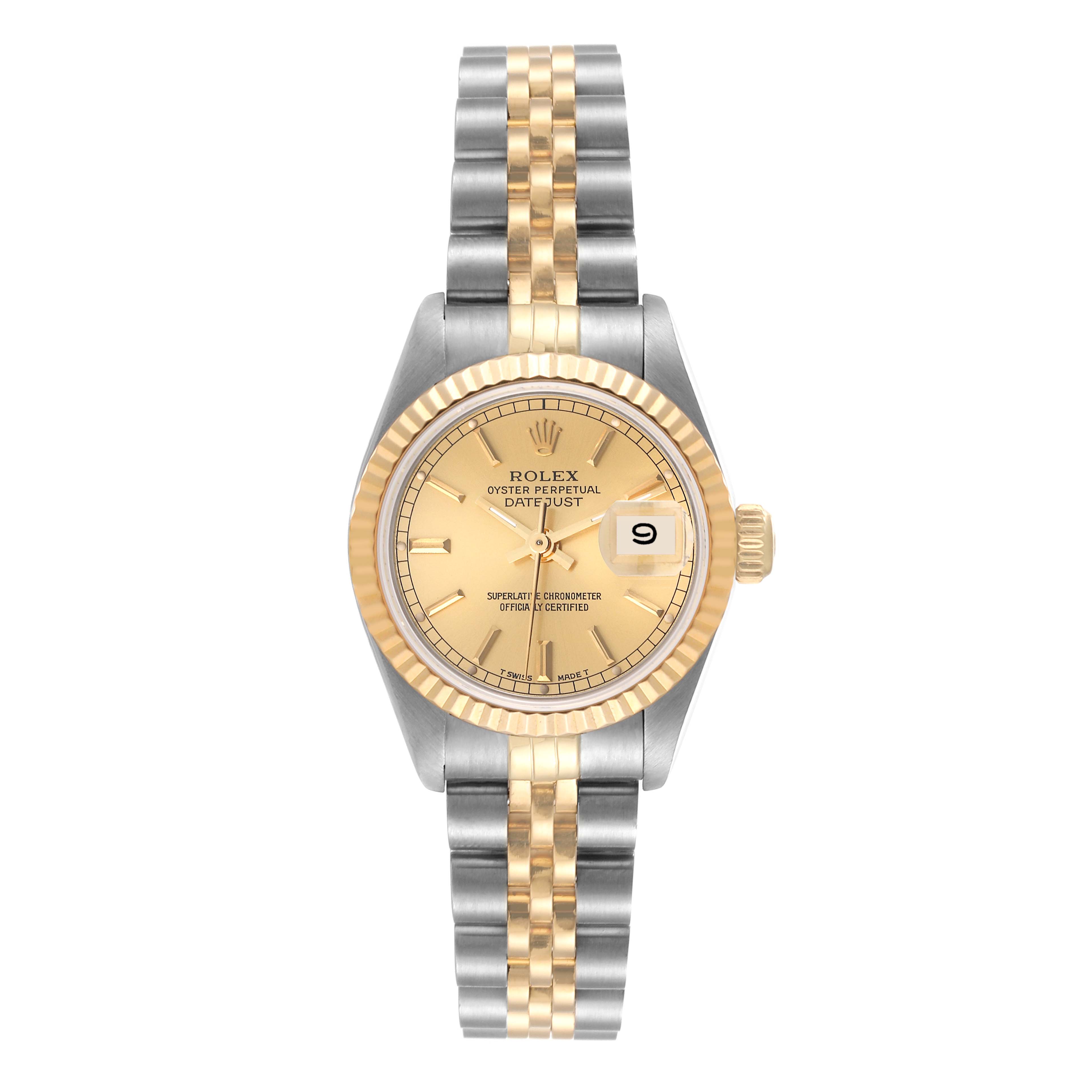This image shows a Rolex Datejust 69173 Women's Steel and Gold (two tone) Champagne Dial 69173 Women's Steel and Gold (two tone) Champagne Dial watch from a top-down angle, highlighting the dial, case, bracelet, and bezel.