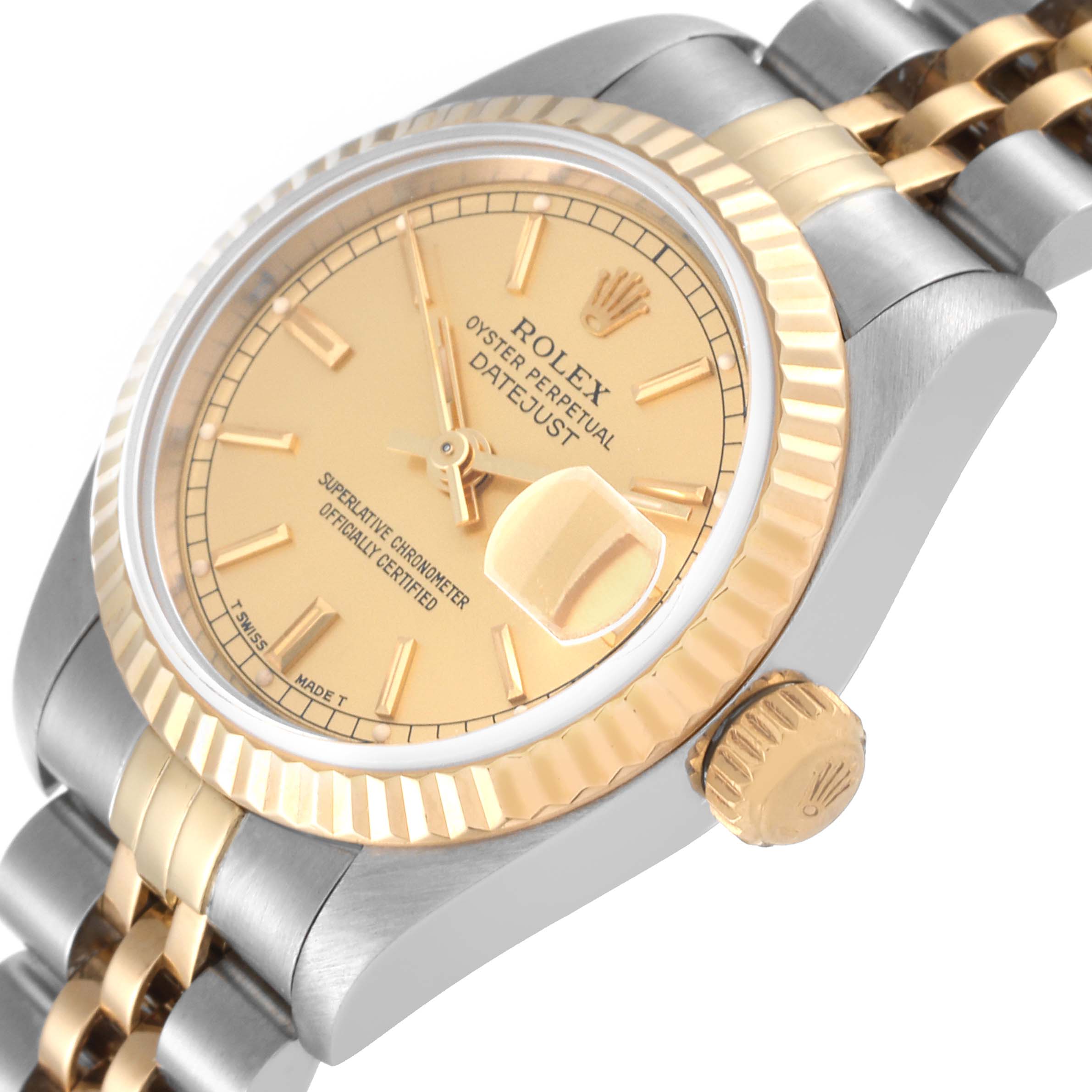 This image shows a close-up of a Rolex Datejust 69173 Women's Steel and Gold (two tone) Champagne Dial 69173 Women's Steel and Gold (two tone) Champagne Dial watch, focusing on the dial, bezel, crown, and part of the bracelet.