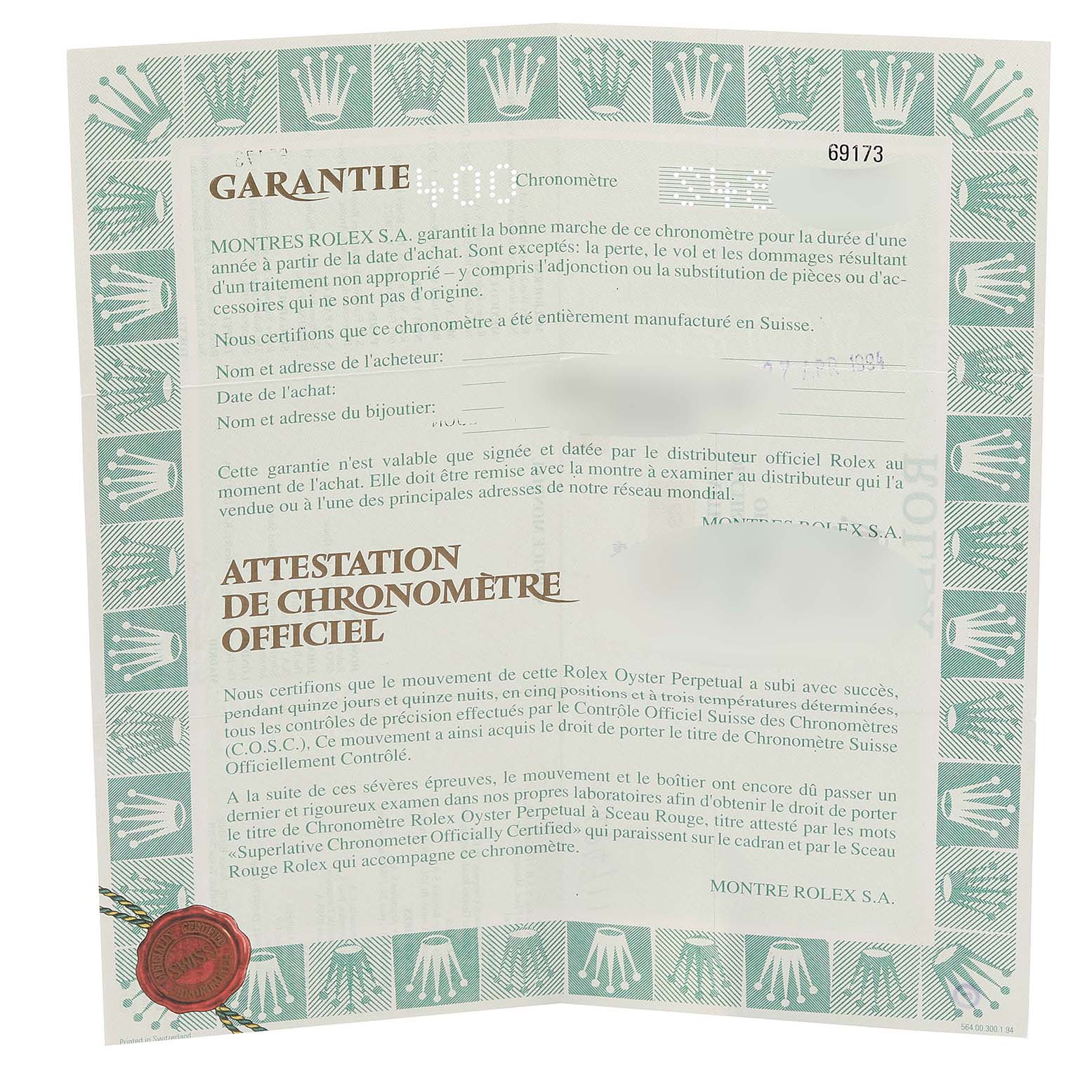 The image shows a warranty certificate for a Rolex Datejust 69173 Women's Steel and Gold (two tone) Champagne Dial 69173 Women's Steel and Gold (two tone) Champagne Dial watch, featuring text and the Rolex logo.