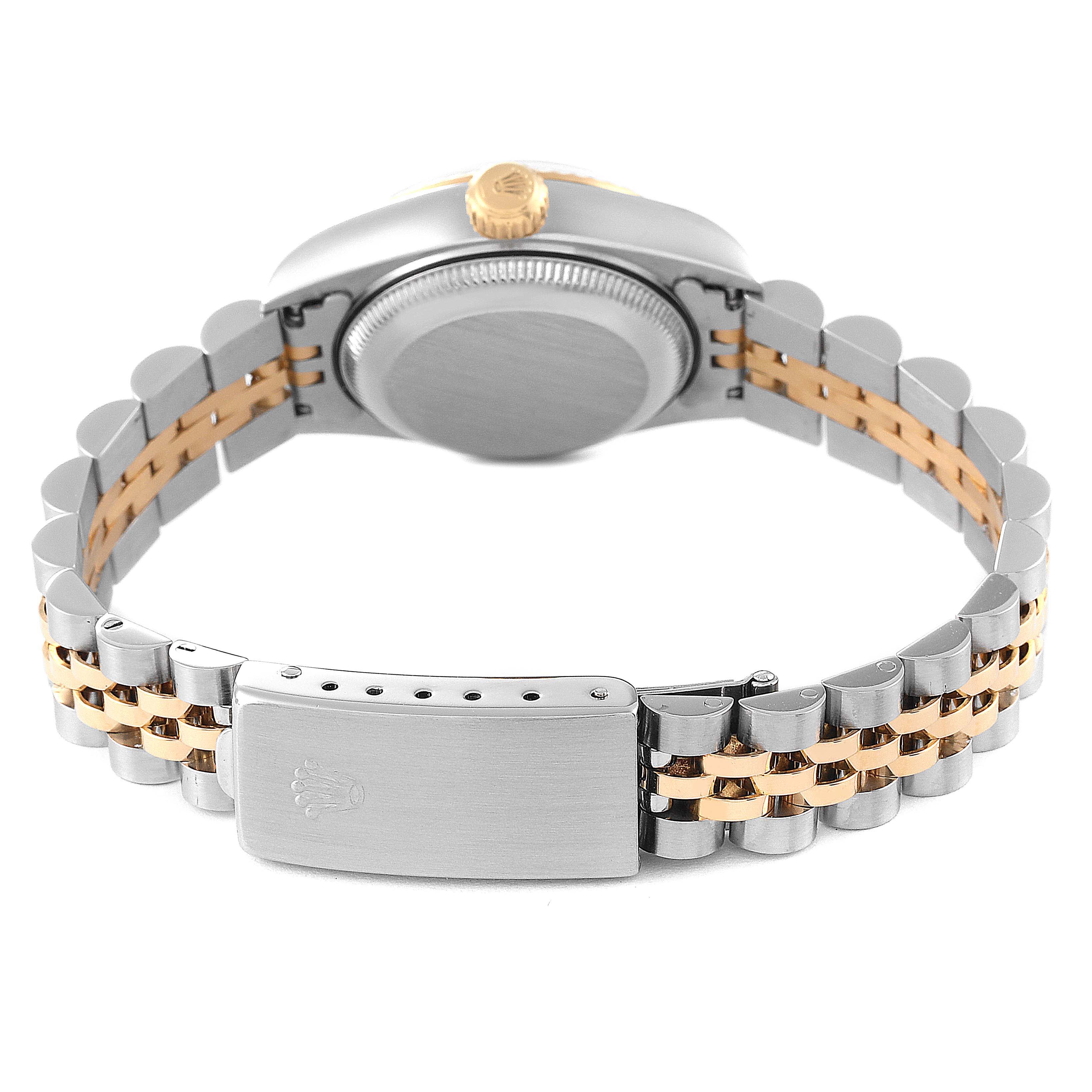 The image shows the back of a Rolex Datejust 69173 Women's Steel and Gold (two tone) Champagne Dial 69173 Women's Steel and Gold (two tone) Champagne Dial watch, highlighting its bracelet, case back, crown, and clasp.
