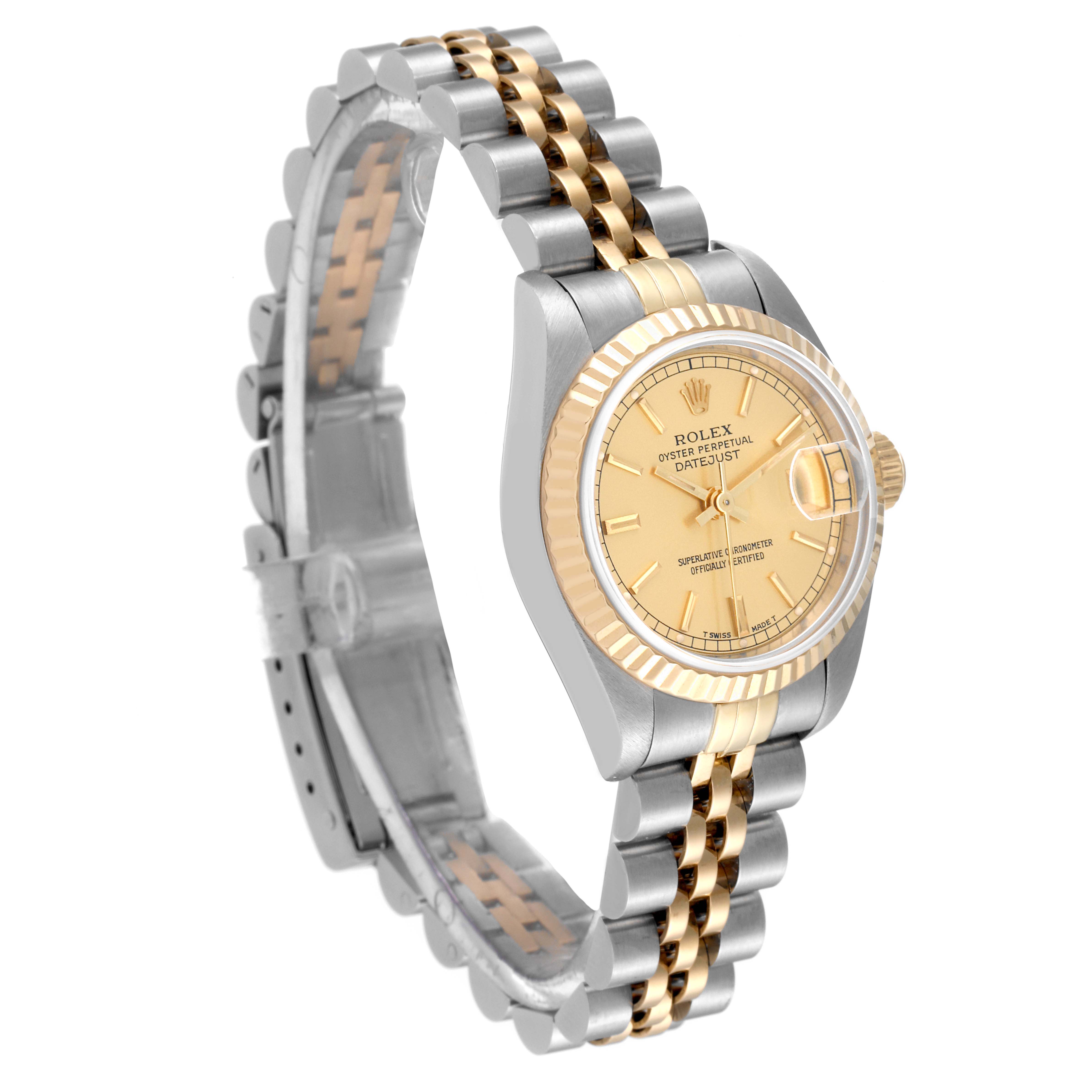 This image shows a Rolex Datejust 69173 Women's Steel and Gold (two tone) Champagne Dial 69173 Women's Steel and Gold (two tone) Champagne Dial model watch at a slight side angle, highlighting the face, bezel, crown, and bracelet.