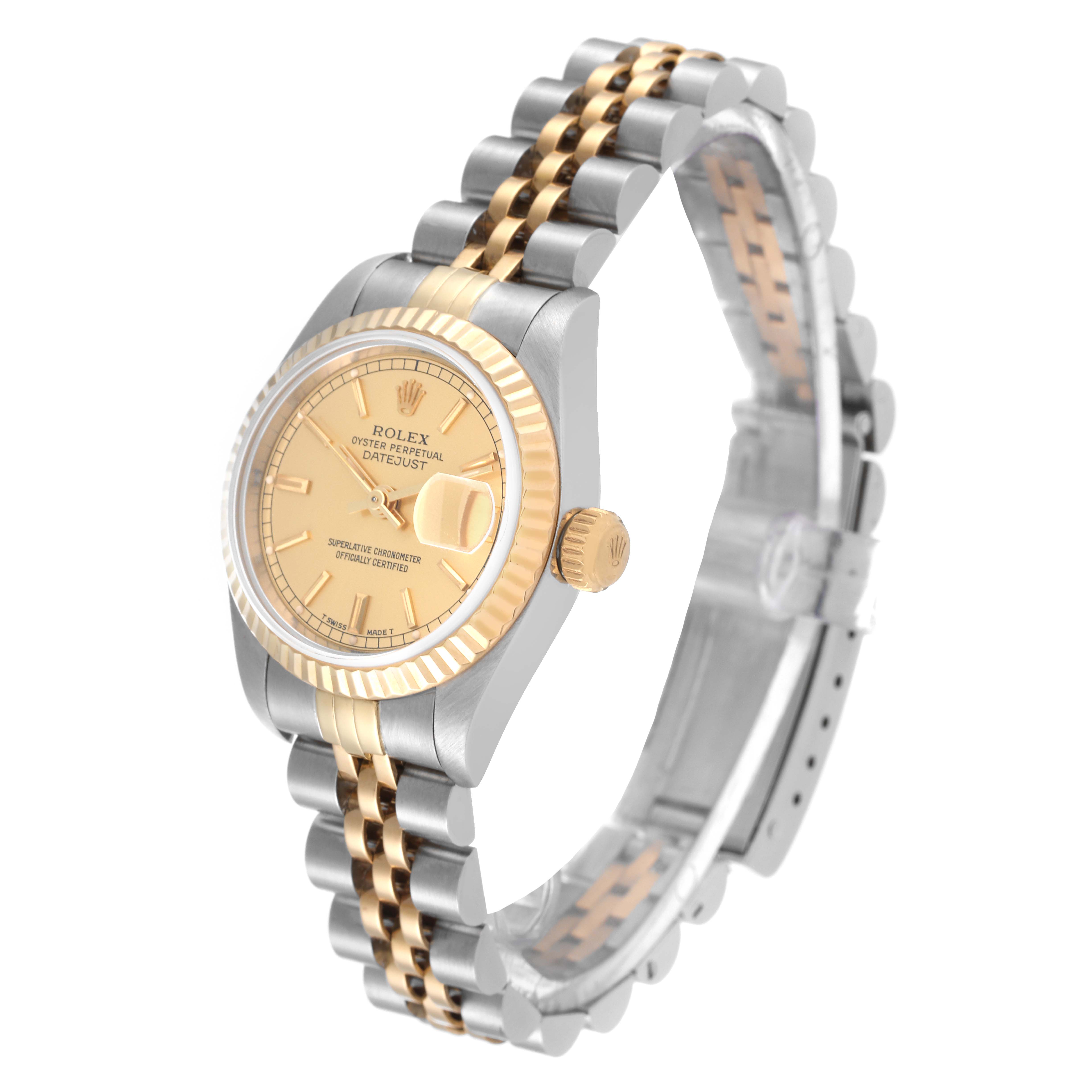 The Rolex Datejust 69173 Women's Steel and Gold (two tone) Champagne Dial 69173 Women's Steel and Gold (two tone) Champagne Dial watch is shown at an angle displaying its dial, crown, fluted bezel, and two-tone bracelet.