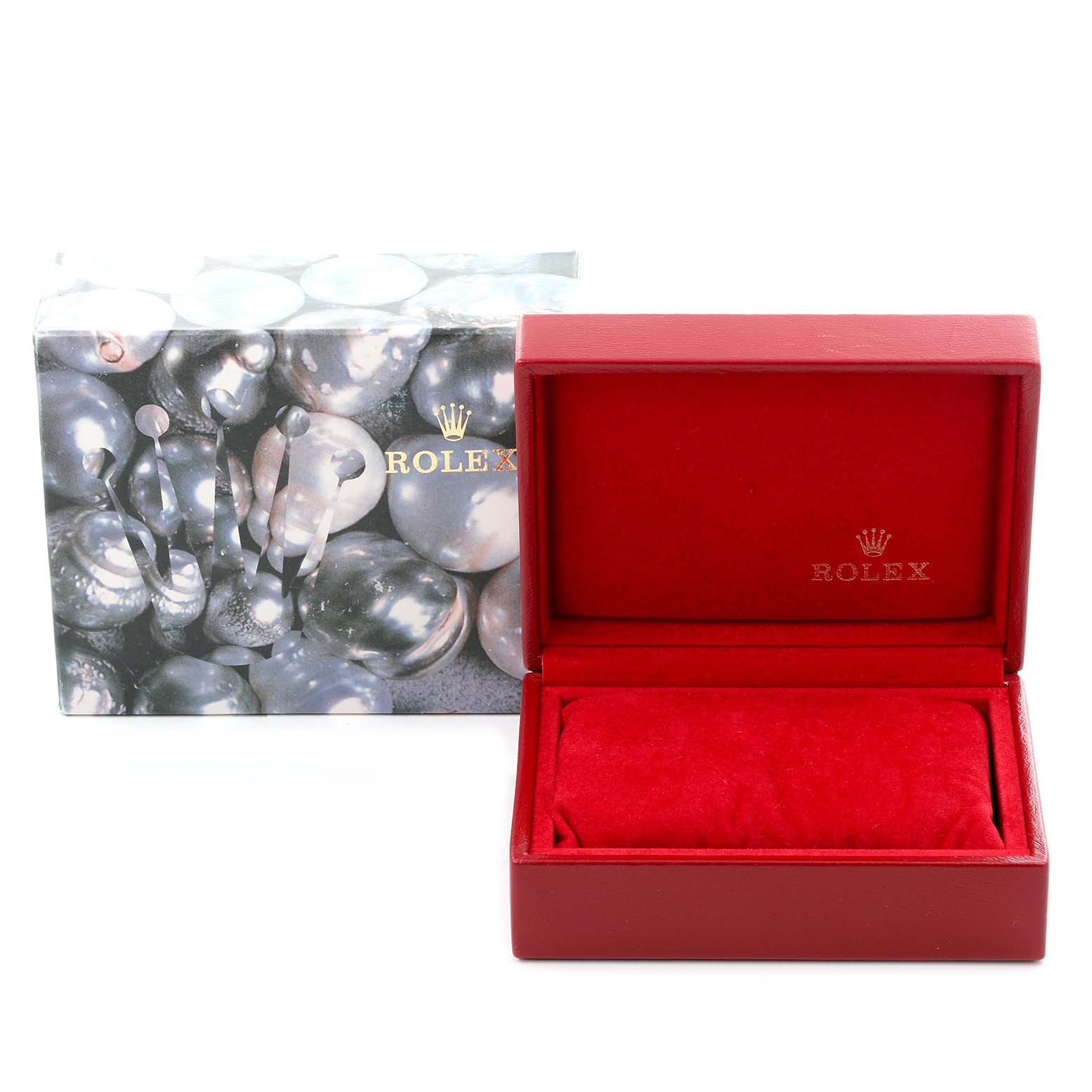 The image shows a Rolex Datejust 79173 Women's Steel and Gold (two tone) Champagne Dial 79173 Women's Steel and Gold (two tone) Champagne Dial watch box and packaging, both open, revealing a red interior.